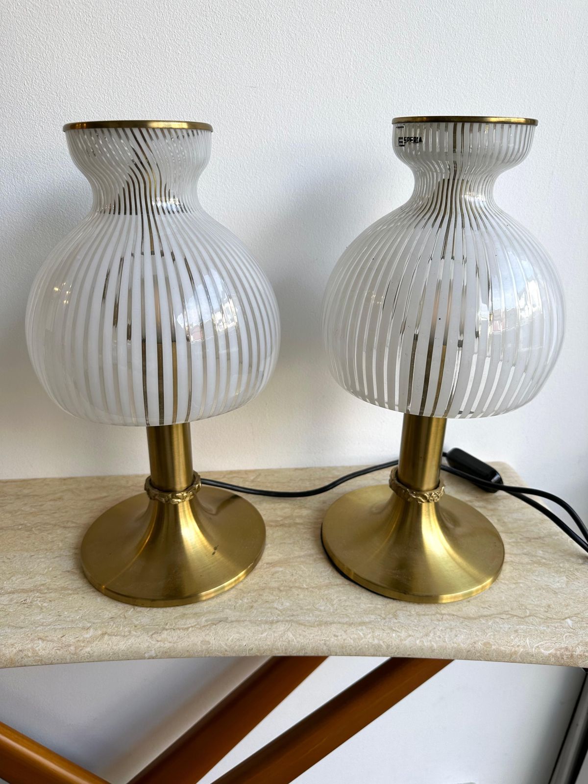 Lighting Pair Of Lamps Brass And Murano Glass By Angelo Brotto For Esperia. Italy, 1970s photo