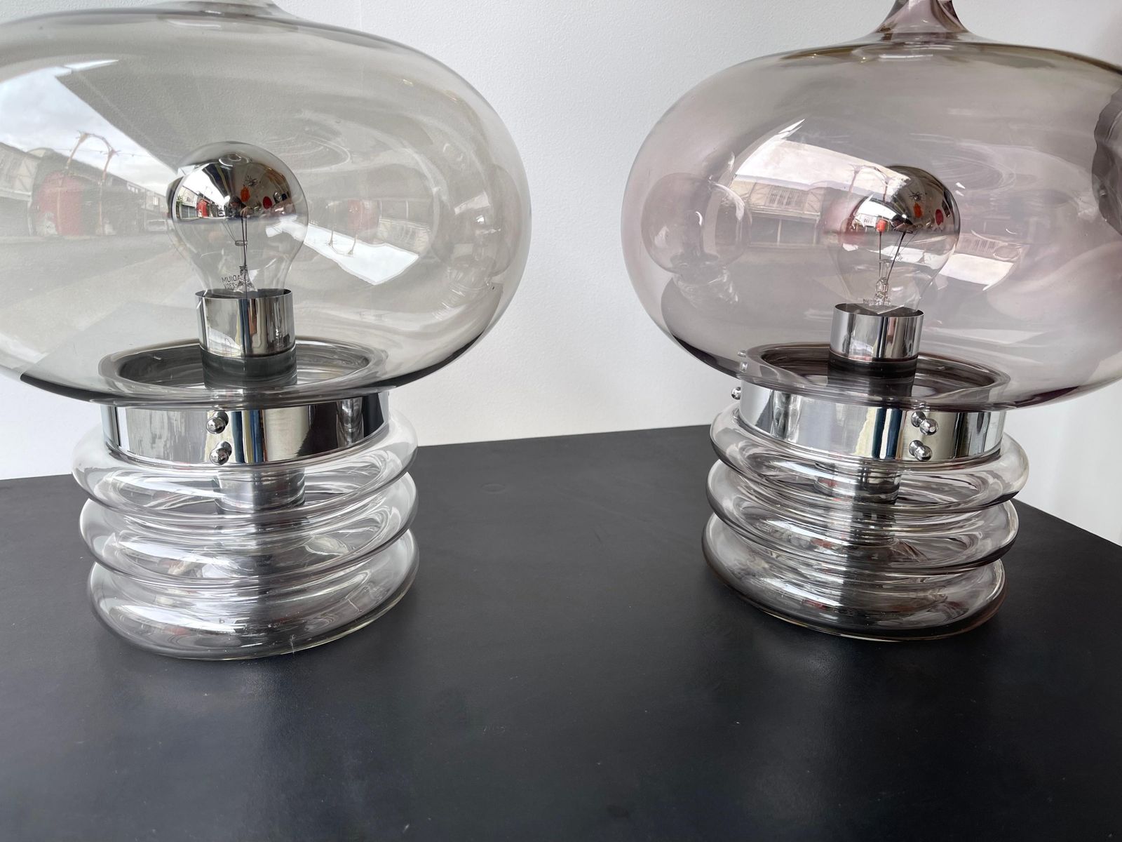 Pair Of Gray Smoke Glass And Metal Lamps By Glashütte Limburg, Germany, 1970s photo vintage