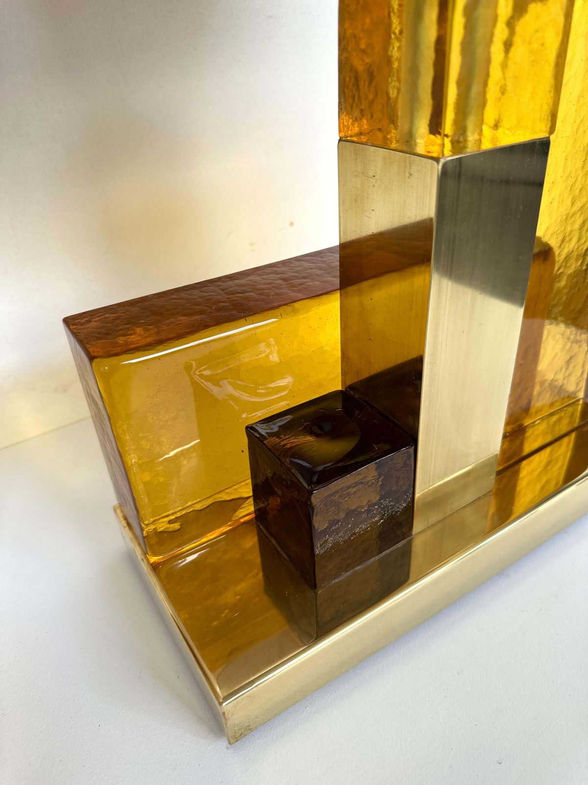 Contemporary Pair Of Lamps Cubic Yellow Amber Murano Glass And Brass, Italy photo vinterior