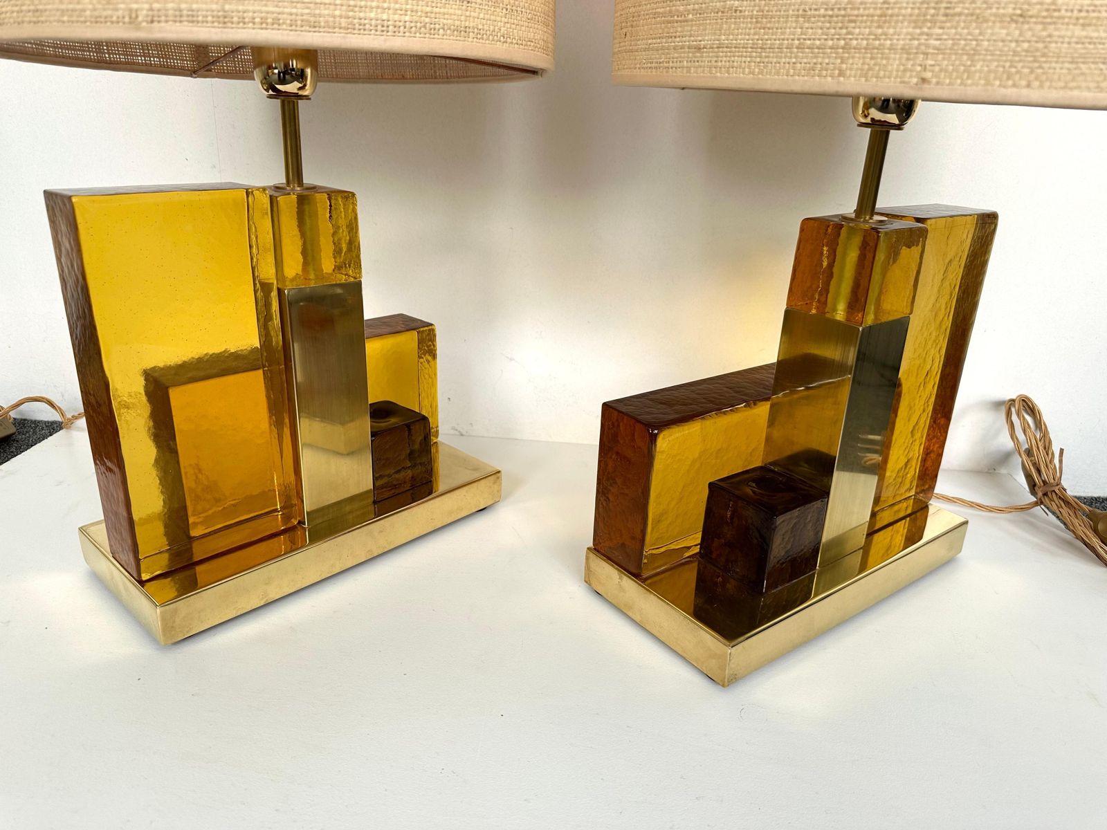 photo for sale Contemporary Pair Of Lamps Cubic Yellow Amber Murano Glass And Brass, Italy