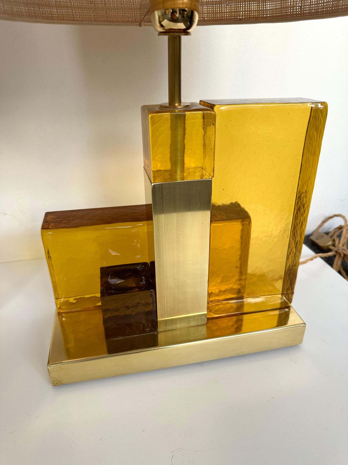 Lighting Contemporary Pair Of Lamps Cubic Yellow Amber Murano Glass And Brass, Italy photo
