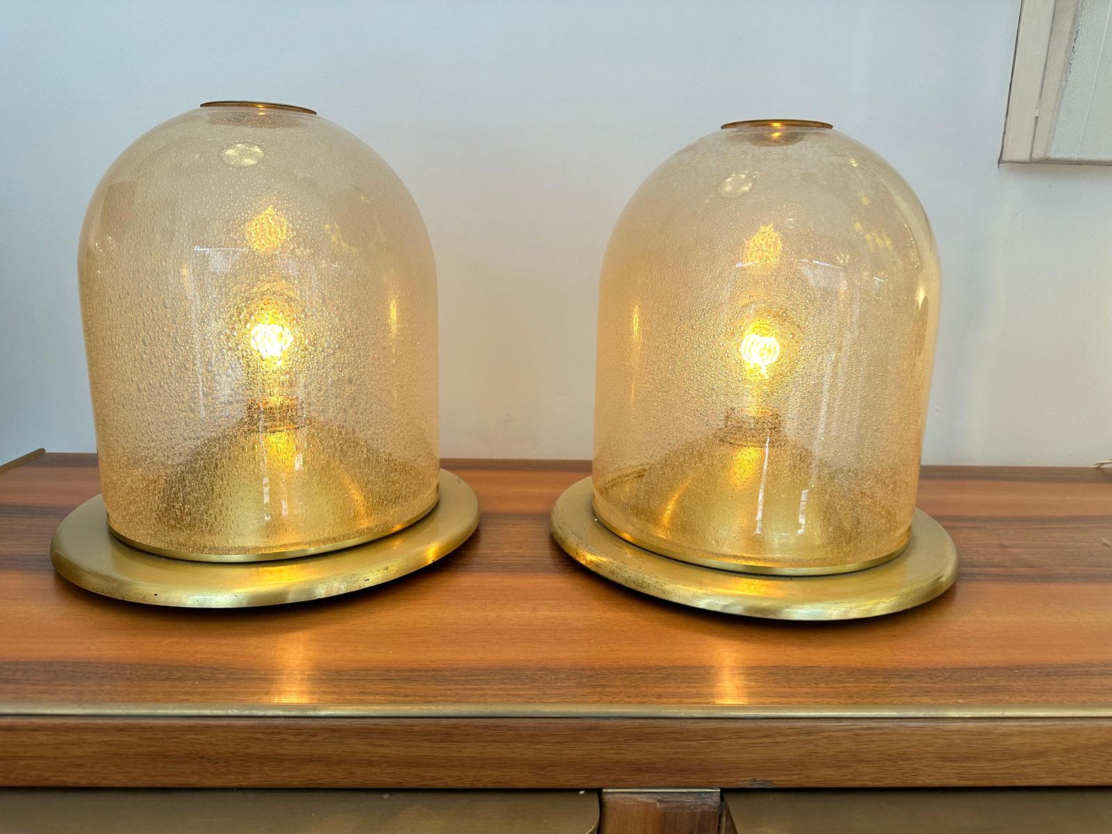 Pair Of Lamps Brass And Gold Bubble Murano Glass By F. Fabbian, Italy, 1970s photo vinterior