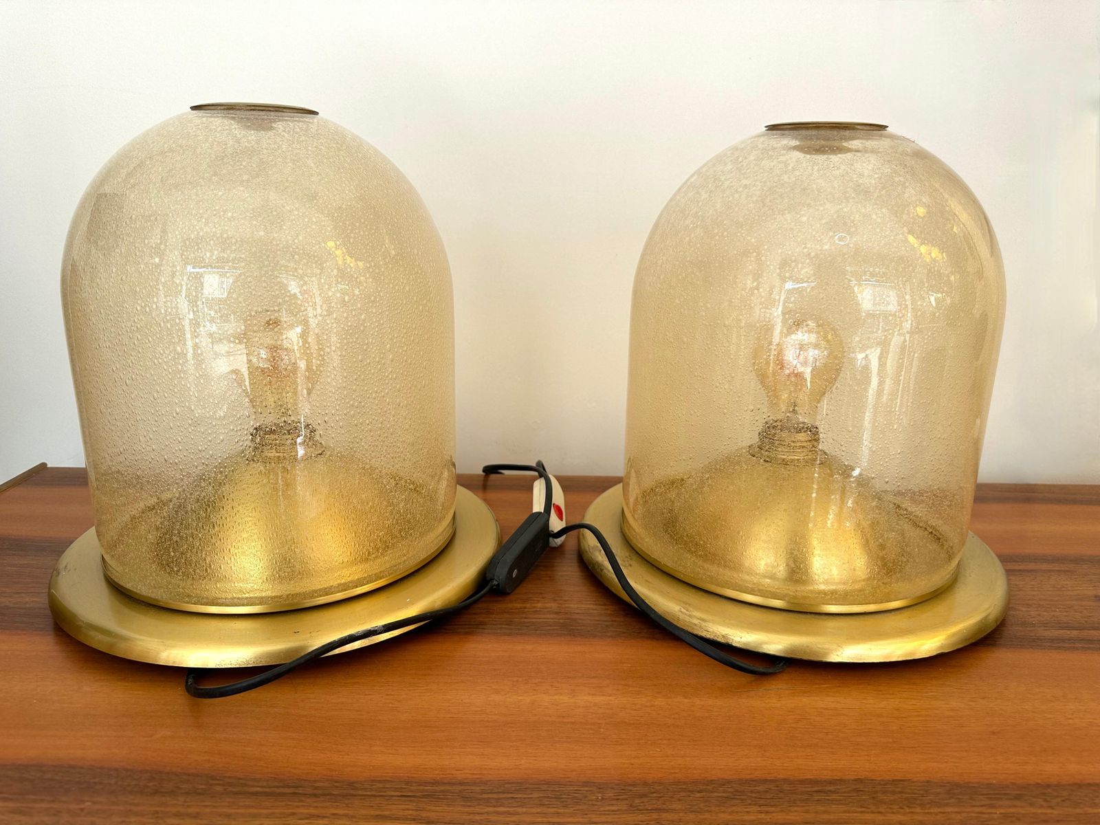 photo for sale Pair Of Lamps Brass And Gold Bubble Murano Glass By F. Fabbian, Italy, 1970s
