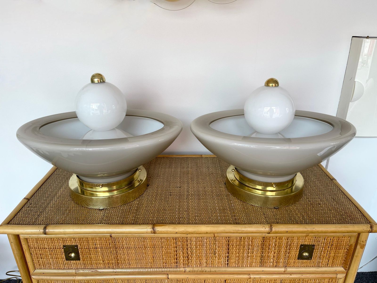 photo furniture Contemporary Pair Of Brass Murano Glass Fountain Lamps, Italy