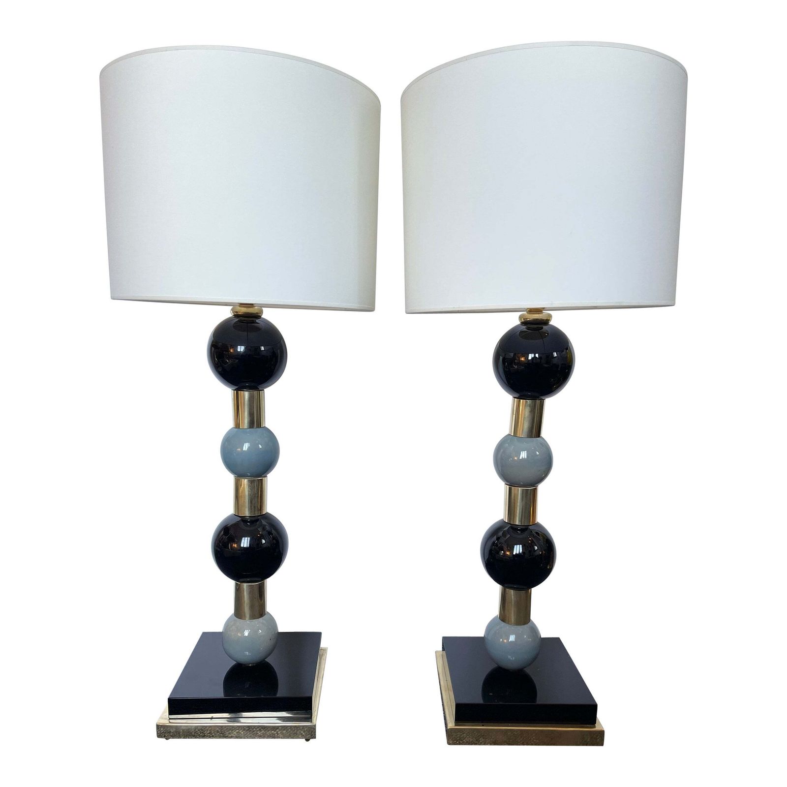 Contemporary Pair Of Brass Murano Glass And Ceramic Ball Lamps, Italy