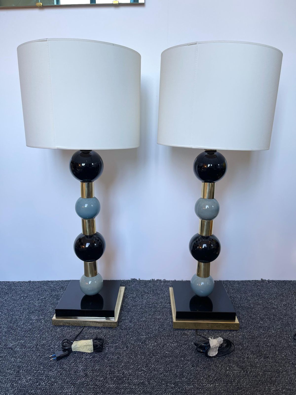 Lighting Contemporary Pair Of Brass Murano Glass And Ceramic Ball Lamps, Italy photo