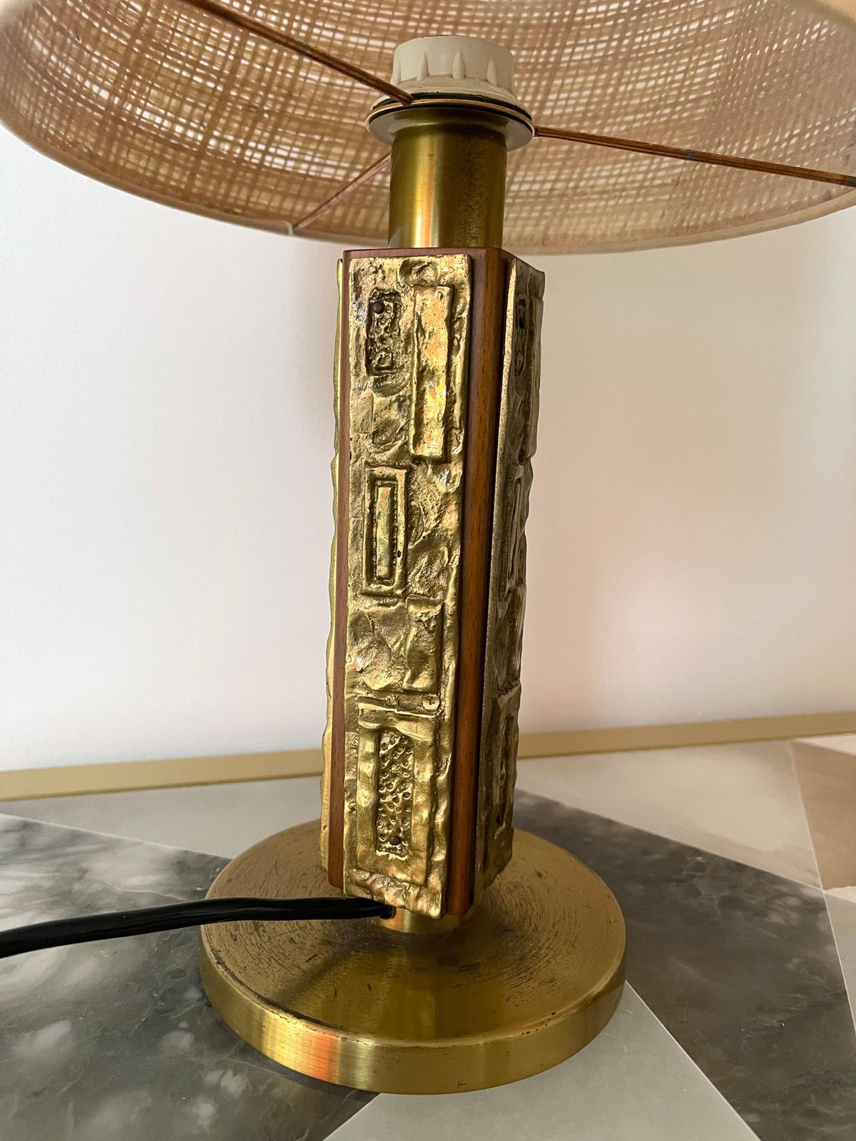 Lighting Pair Of Brass And Wood Sculpture Lamps By Angelo Brotto For Esperia Italy, 1970s photo