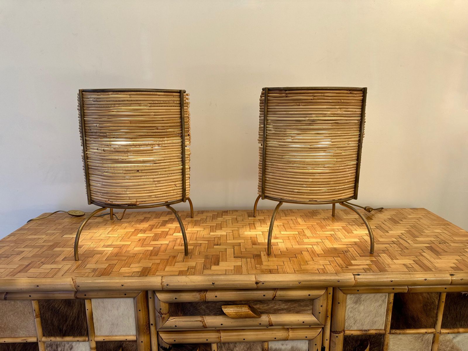 Pair Of Rattan And Gilt Metal Lamps. Italy, 2000s photo furniture