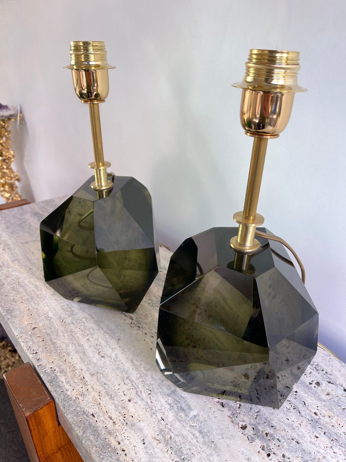 Contemporary Pair Of Stone Diamond Murano Glass And Brass Lamps, Italy photo buy
