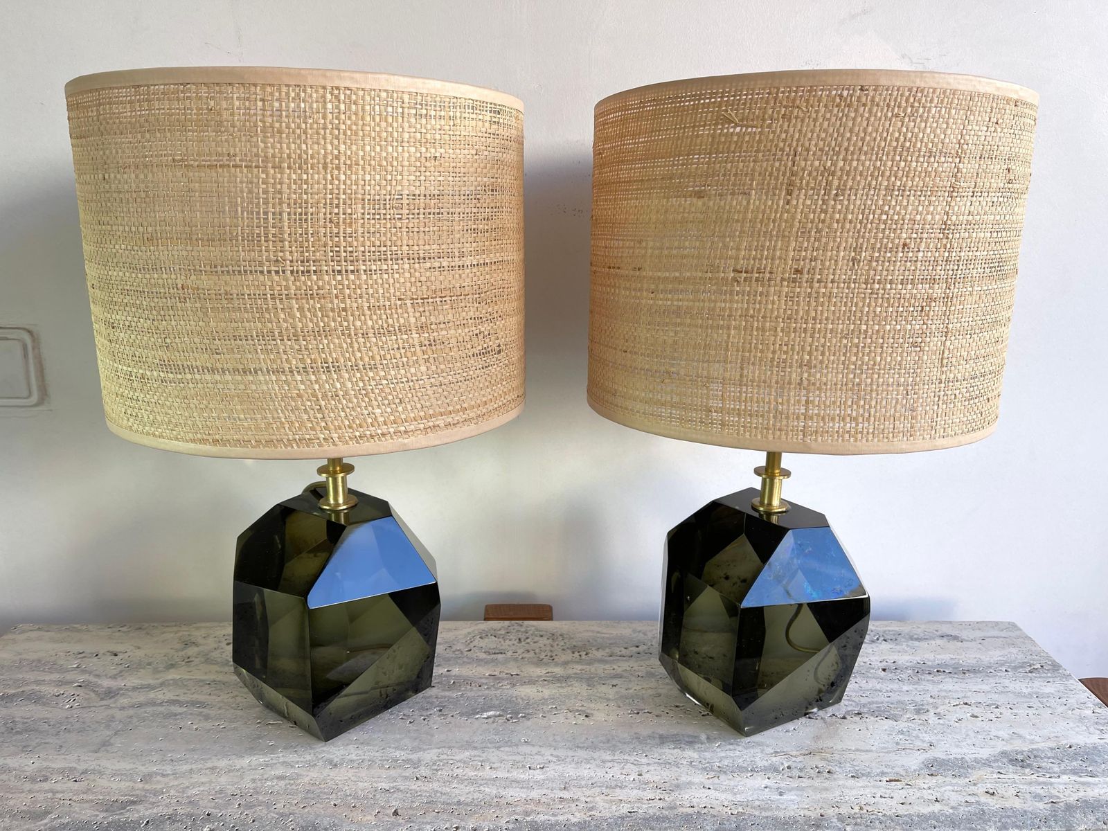 3506.0 Contemporary Pair Of Stone Diamond Murano Glass And Brass Lamps, Italy photo