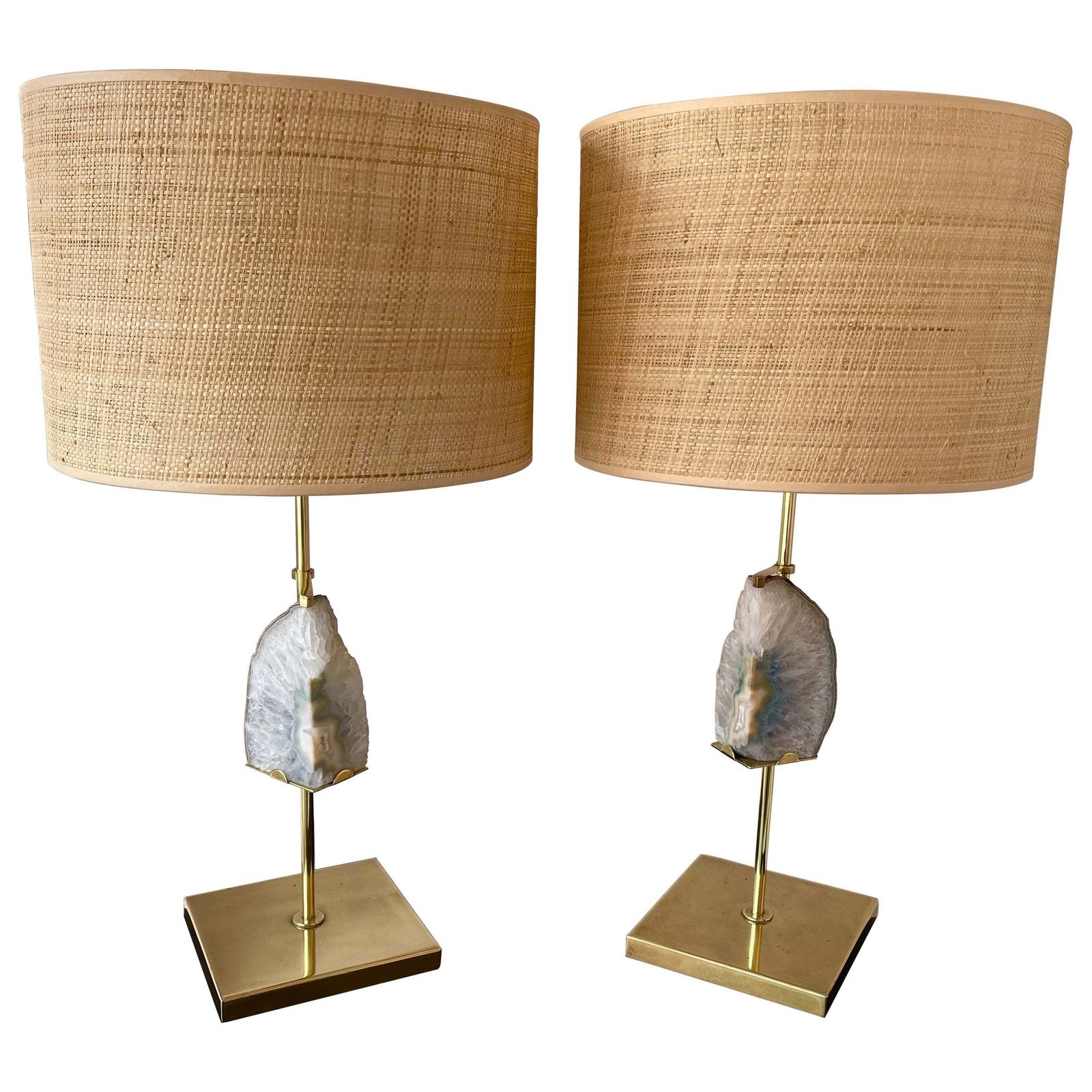 Contemporary Pair Of Brass Lamps Blue Agate Stone Rattan Shades. Italy