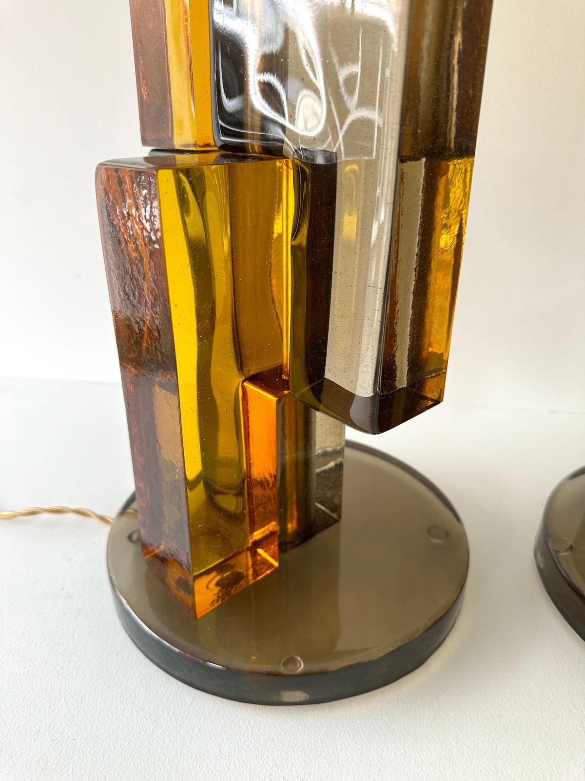 Contemporary Pair Of Lamps Amber Smoke Cubic Murano Glass And Brass, Italy photo Lighting