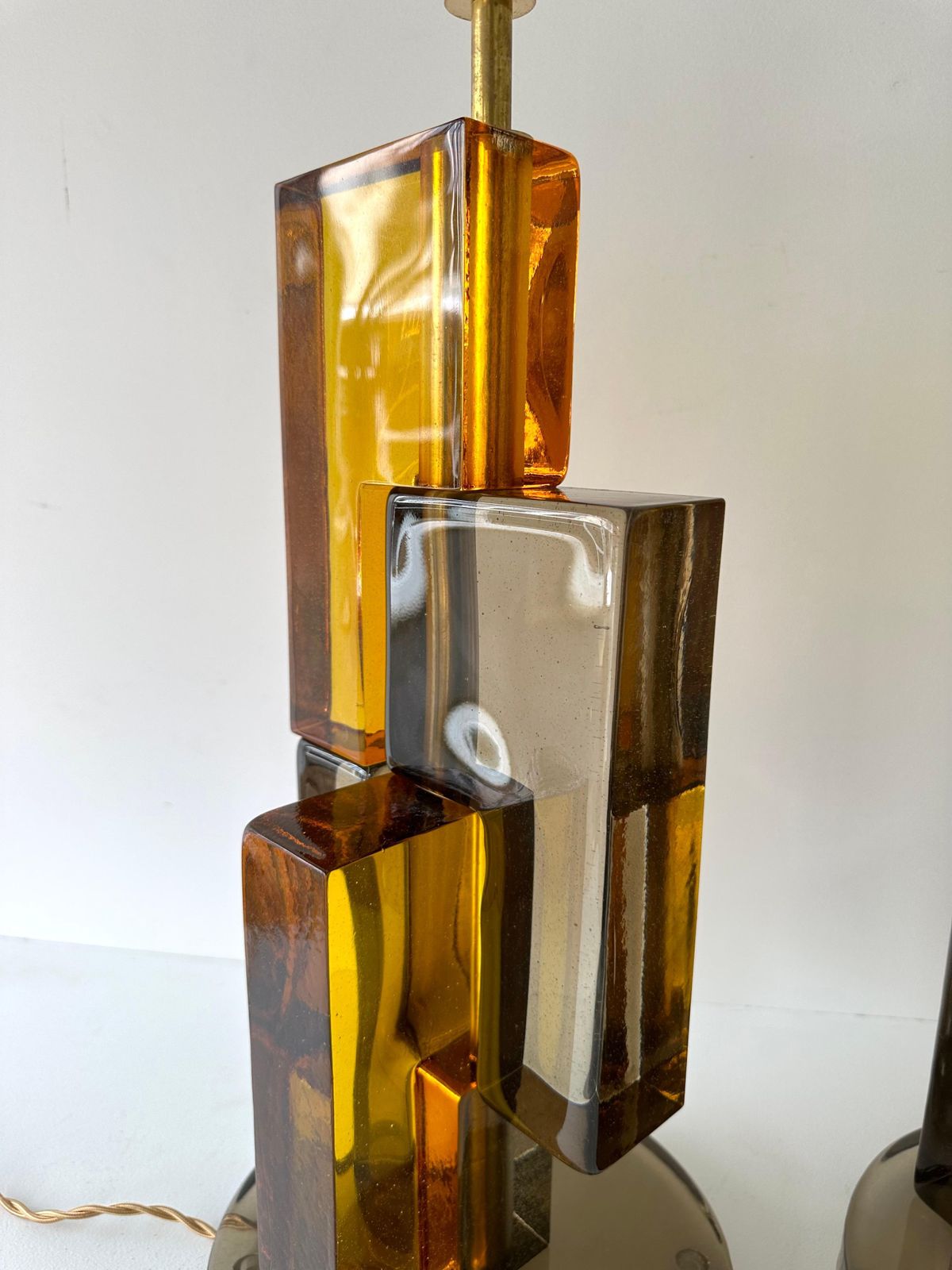 Contemporary Pair Of Lamps Amber Smoke Cubic Murano Glass And Brass, Italy photo 3592.0