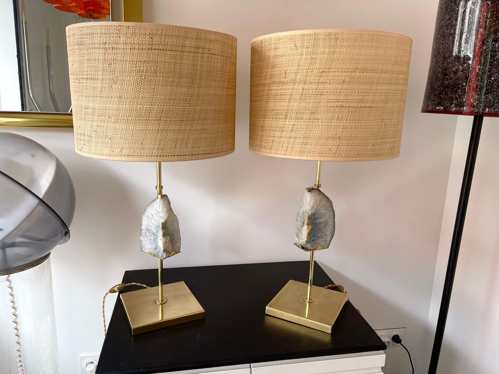 photo furniture Contemporary Pair Of Brass Lamps Blue Agate Stone Rattan Shades. Italy