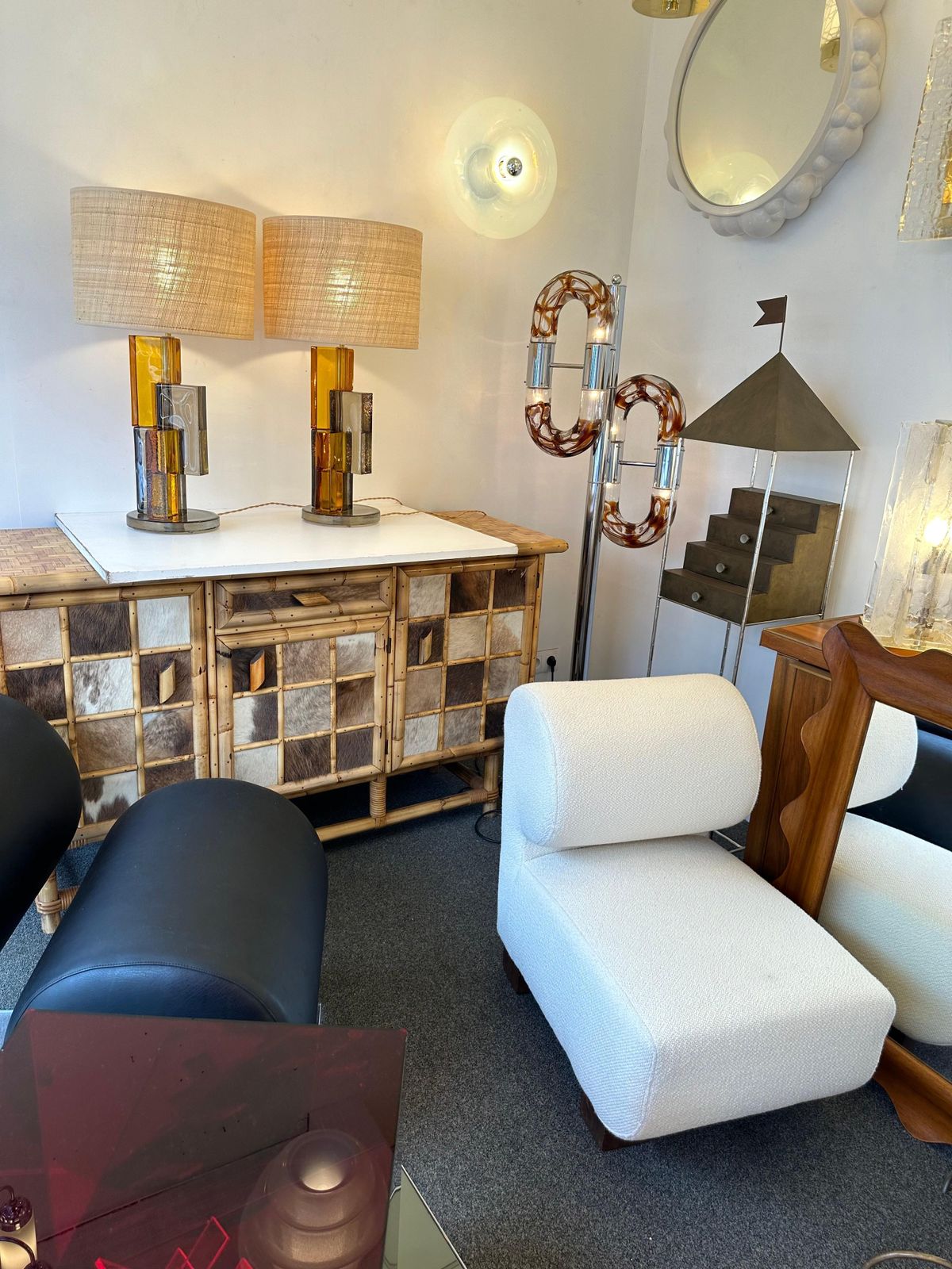 photo furniture Contemporary Pair Of Lamps Amber Smoke Cubic Murano Glass And Brass, Italy