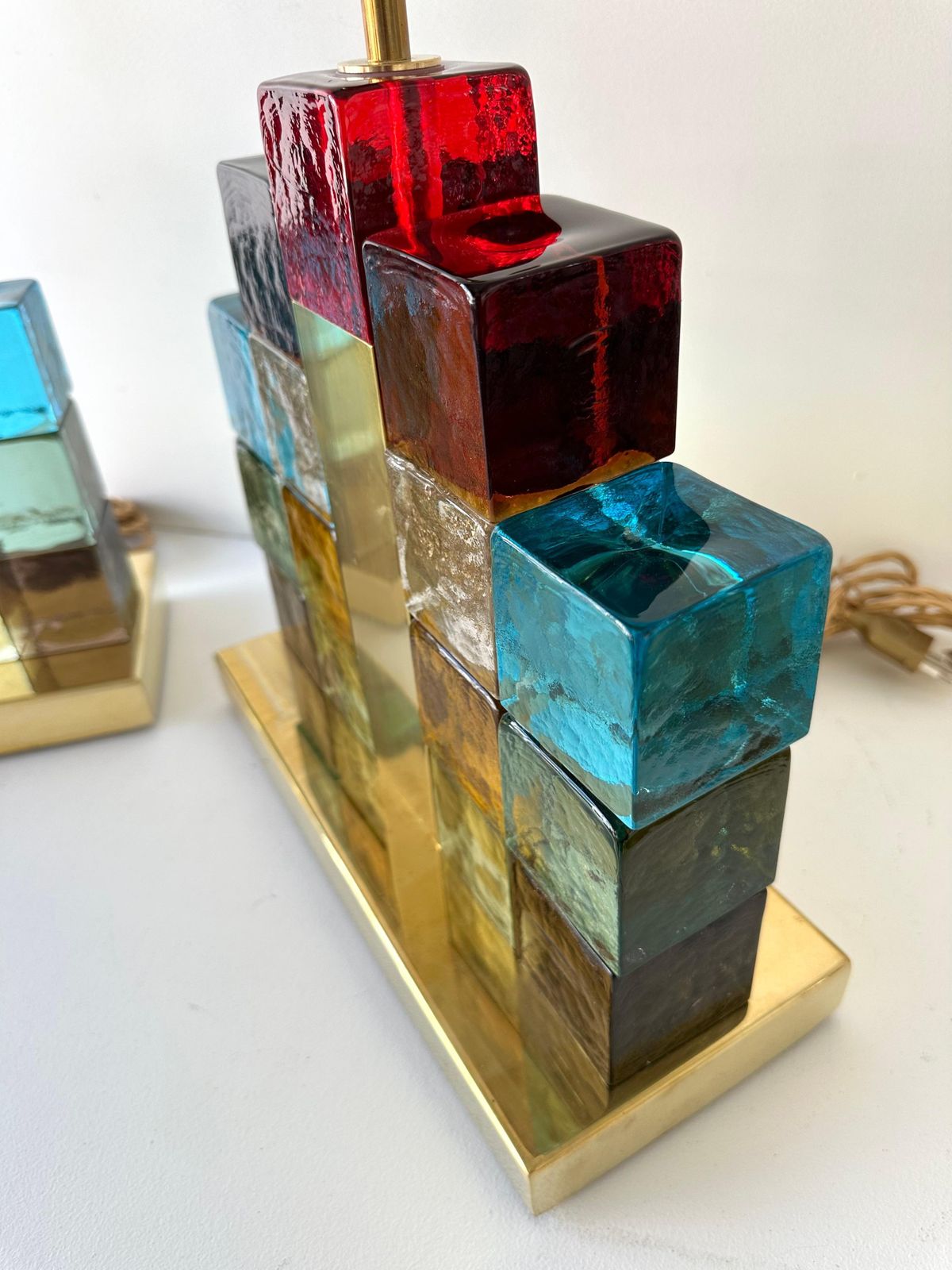 Contemporary Pair Of Lamps Multicolors Cubic Murano Glass And Brass, Italy photo Lighting