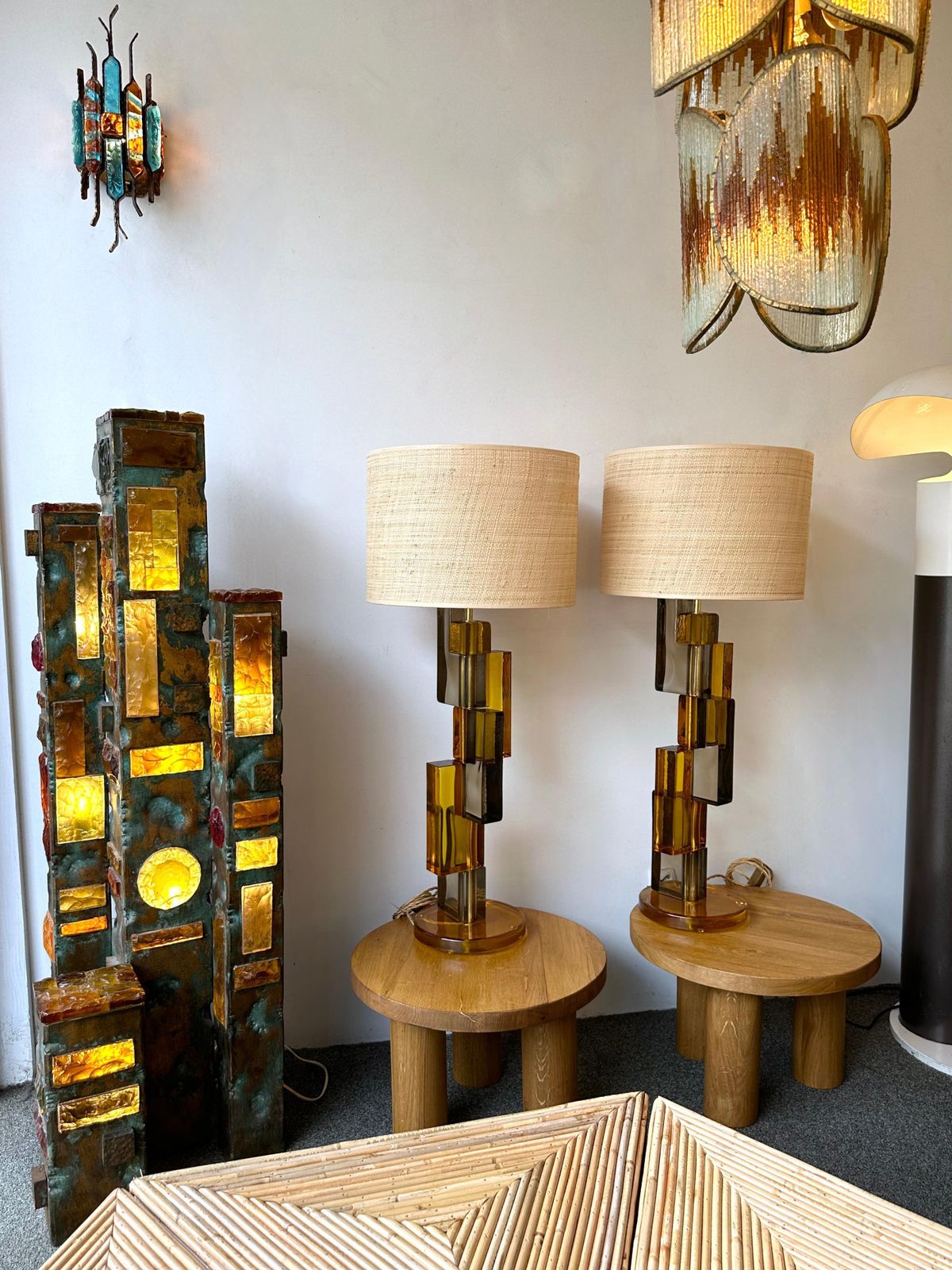 Contemporary Pair Of Lamps Amber Smoke Cubic Murano Glass And Brass, Italy photo furniture