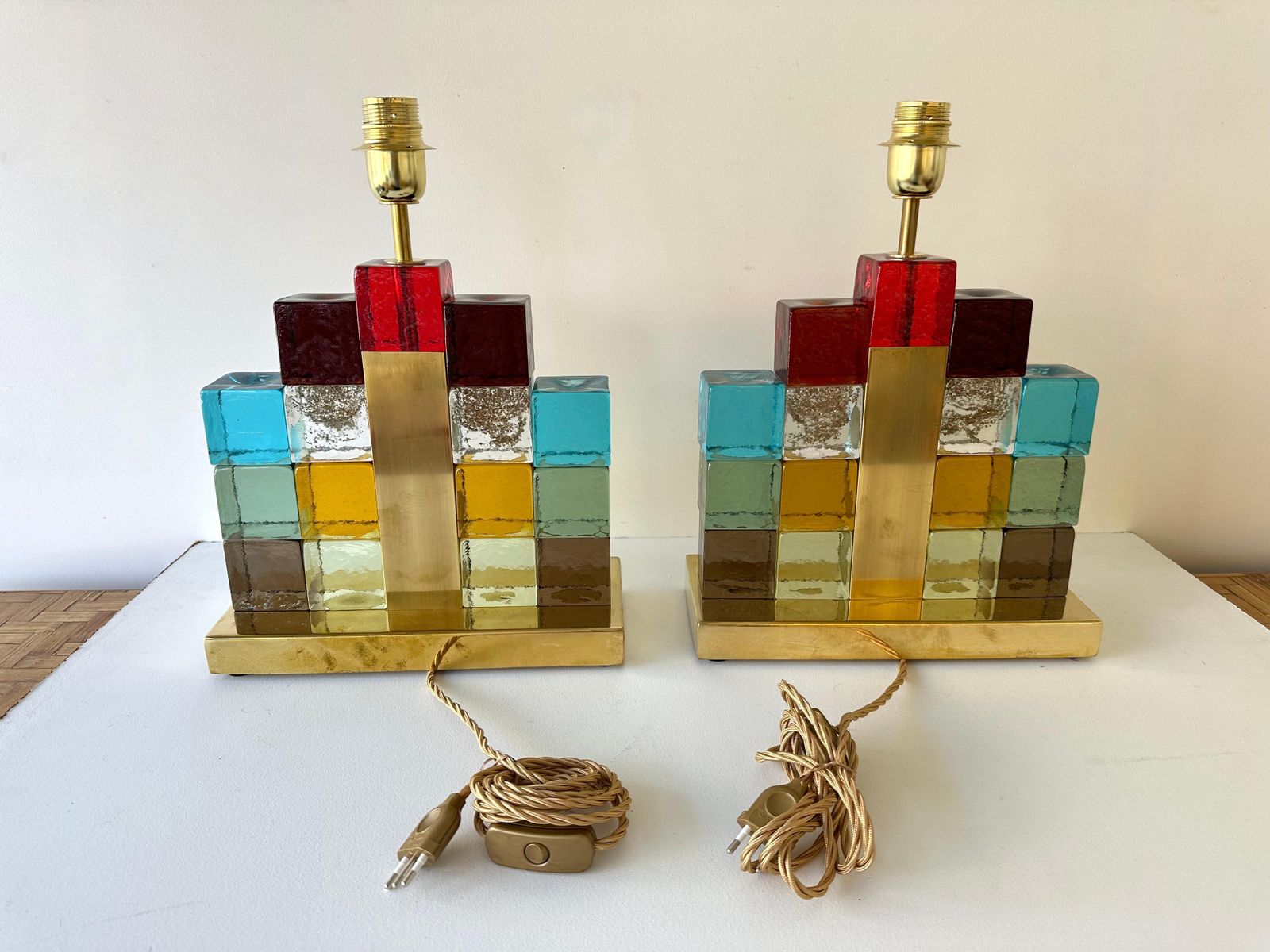3592.0 Contemporary Pair Of Lamps Multicolors Cubic Murano Glass And Brass, Italy photo