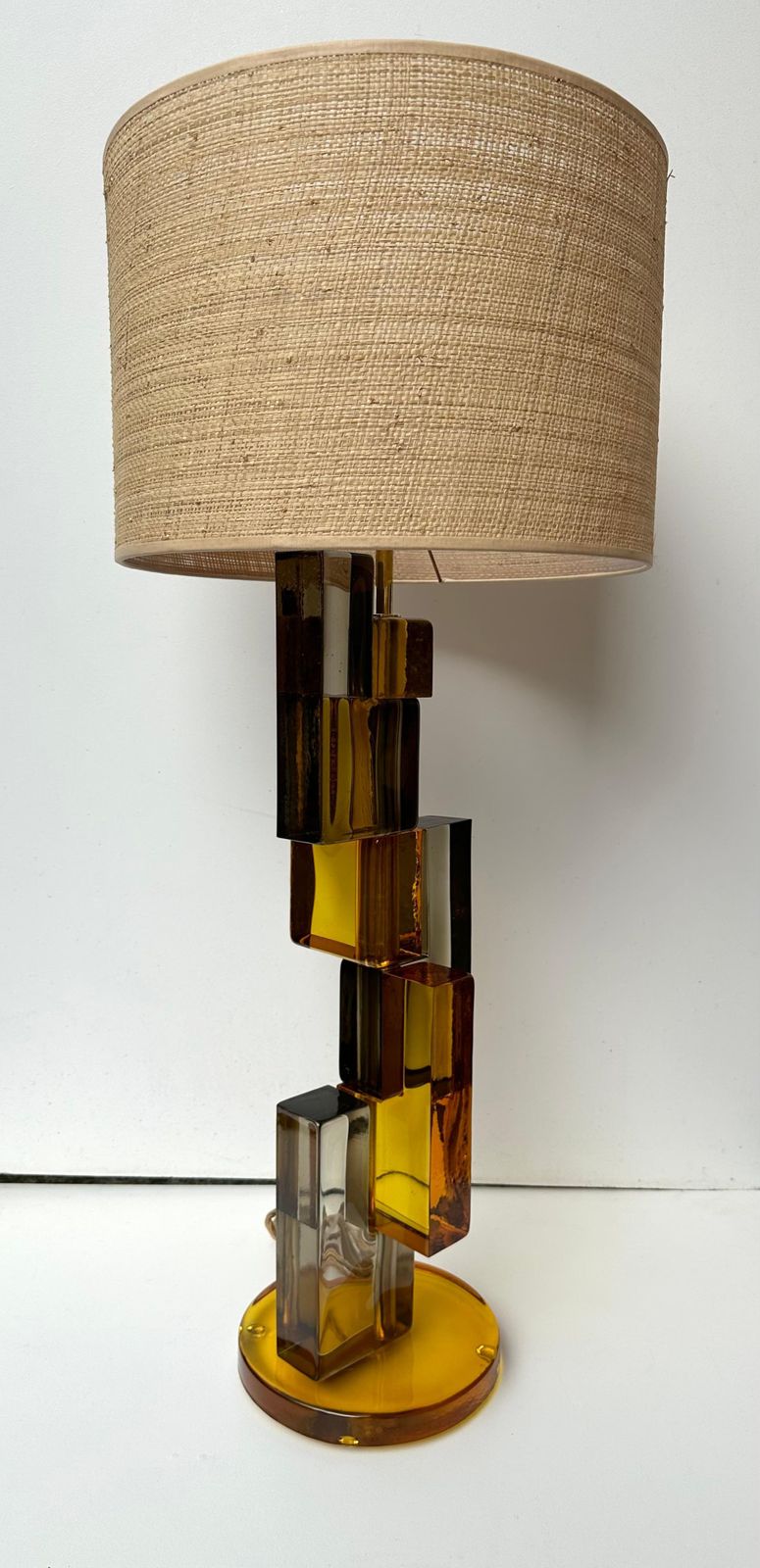 Contemporary Pair Of Lamps Amber Smoke Cubic Murano Glass And Brass, Italy photo buy