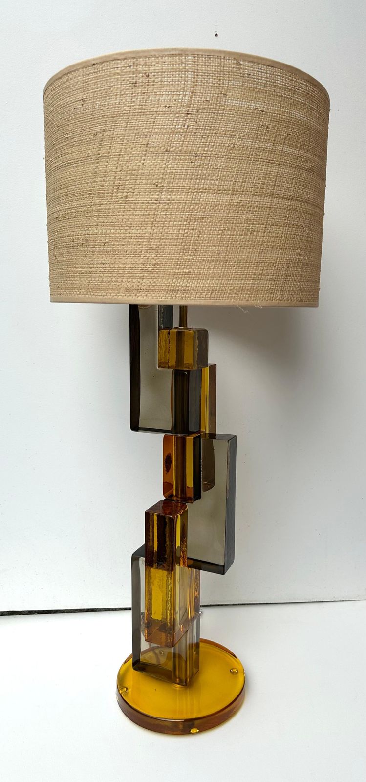 Lighting Contemporary Pair Of Lamps Amber Smoke Cubic Murano Glass And Brass, Italy photo