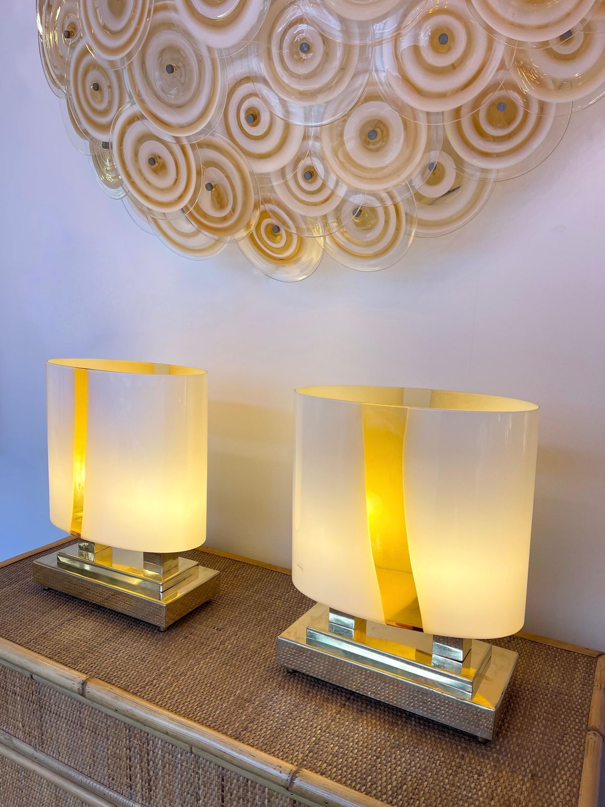 Contemporary Pair Of Brass And Yellow Murano Glass Vase Flame Lamps, Italy photo for sale