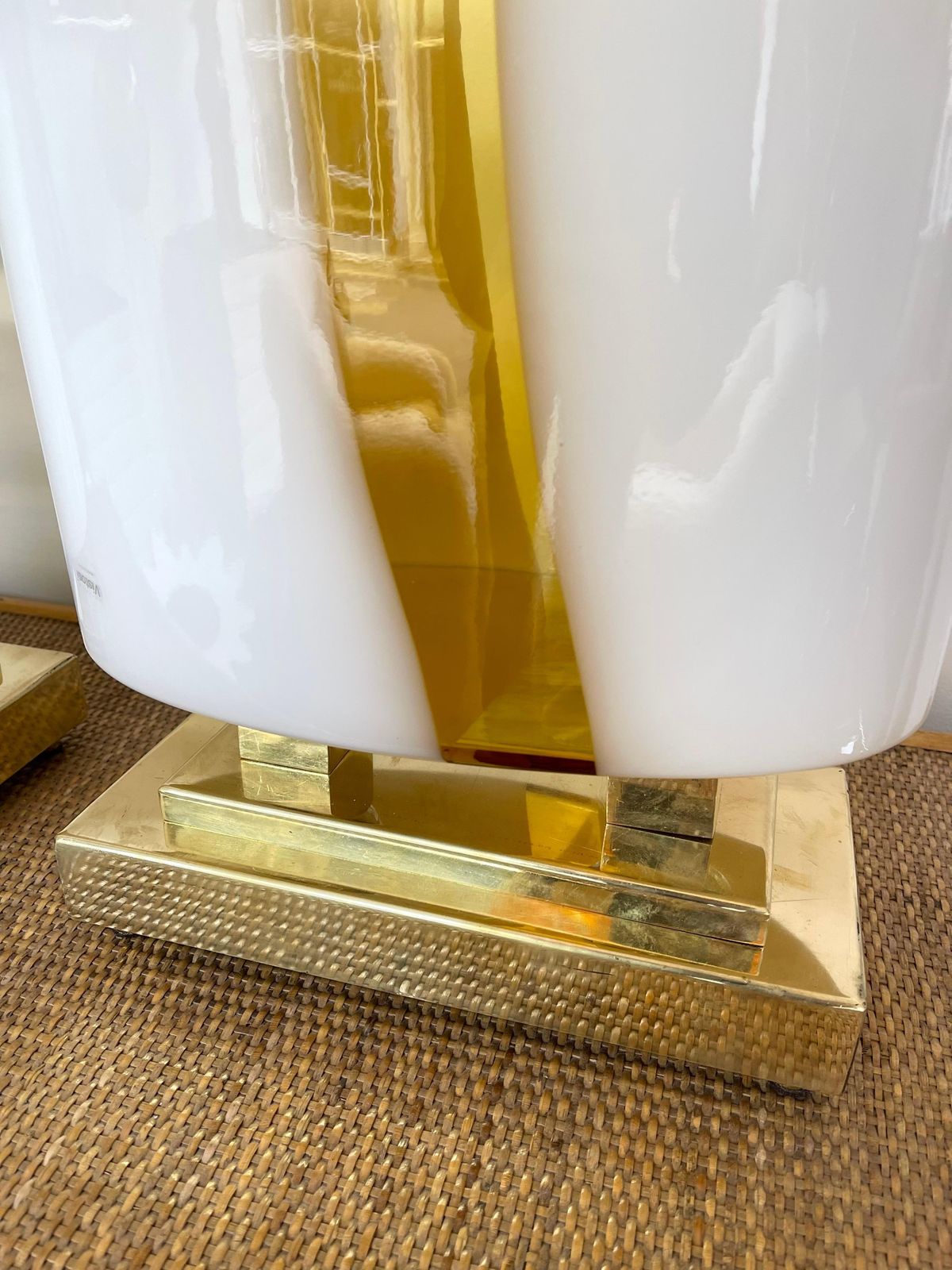 Contemporary Pair Of Brass And Yellow Murano Glass Vase Flame Lamps, Italy photo vintage