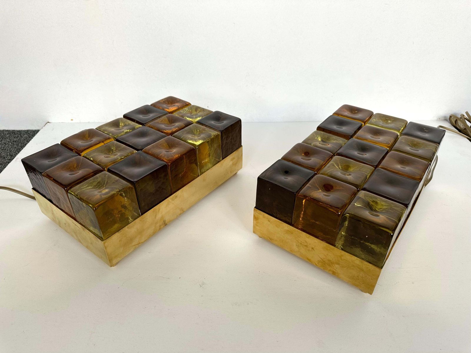 Contemporary Pair Of Brass And Murano Glass Cube Marquetry Lamps, Italy photo vinterior