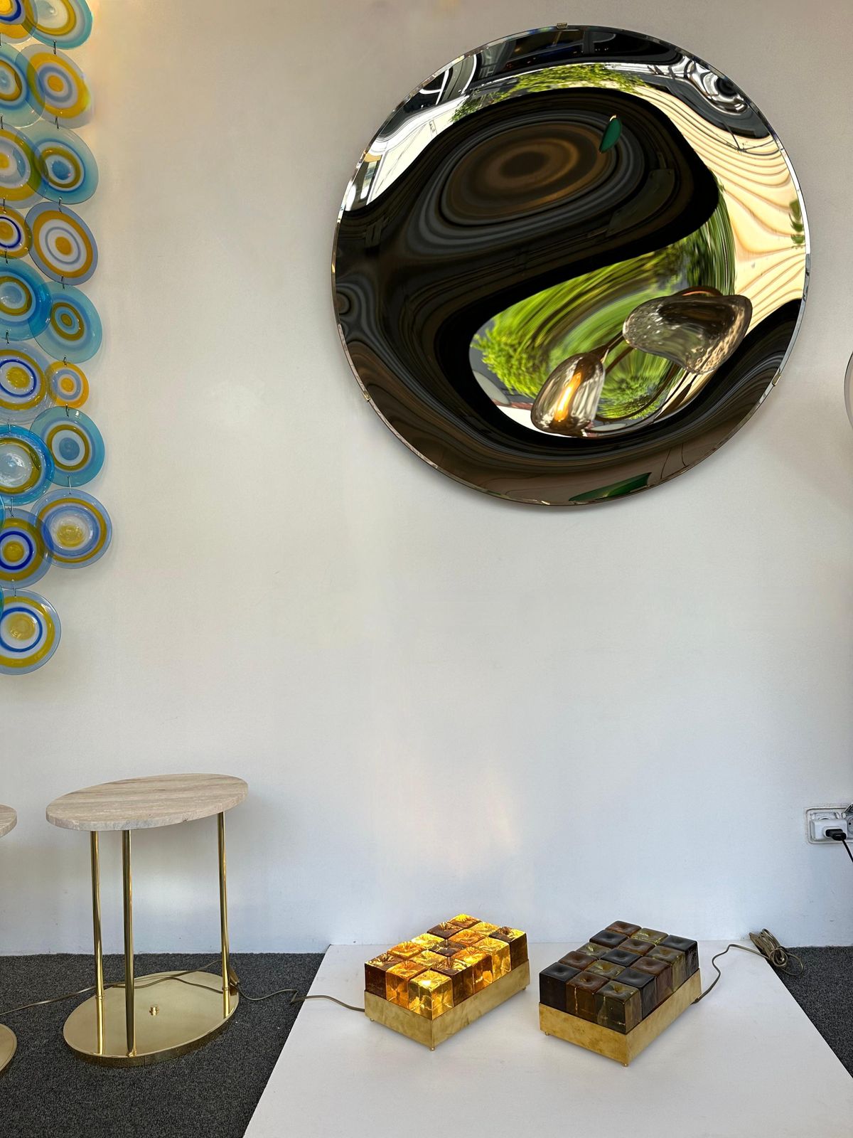 Contemporary Pair Of Brass And Murano Glass Cube Marquetry Lamps, Italy photo vintage