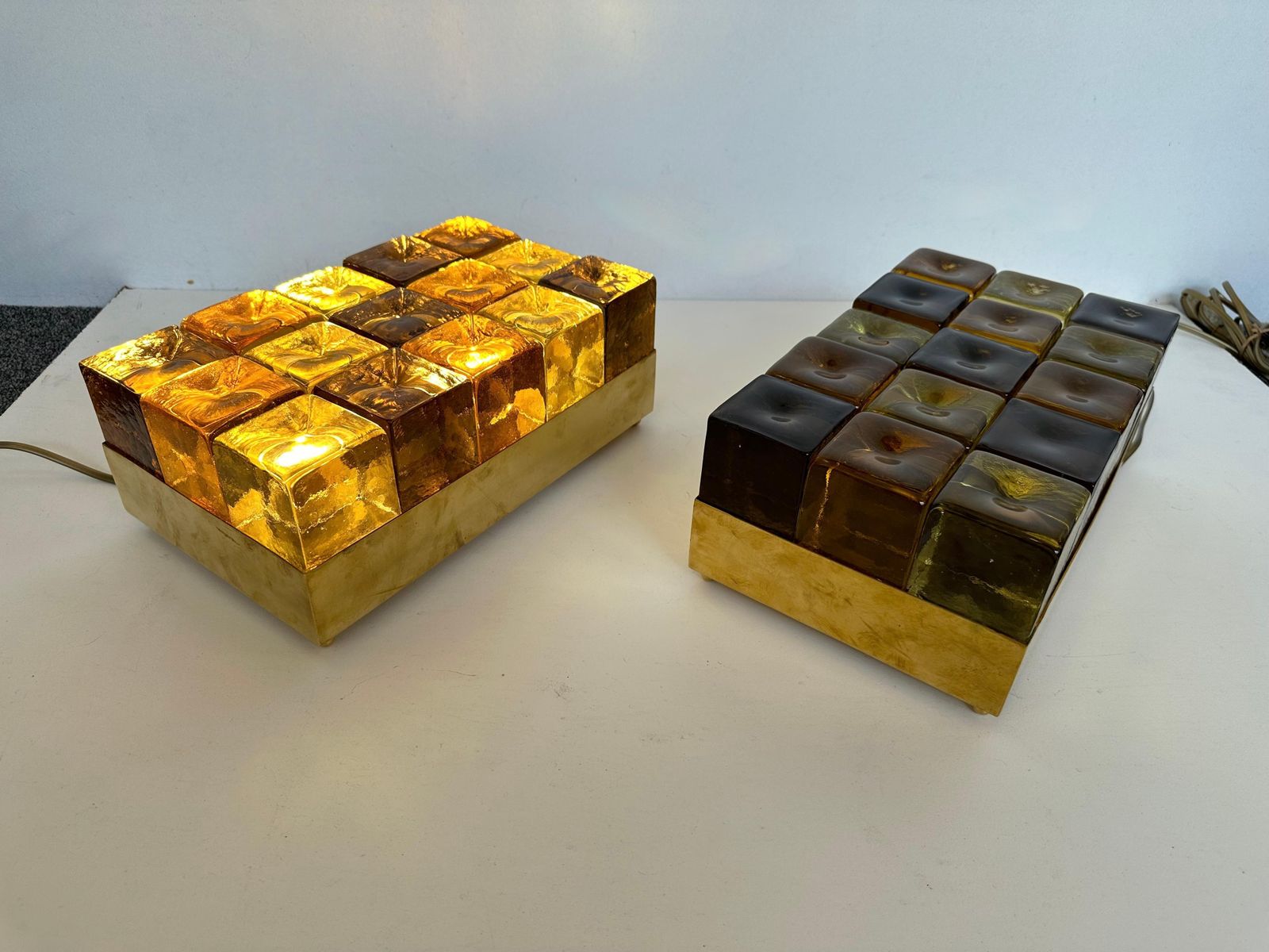 photo for sale Contemporary Pair Of Brass And Murano Glass Cube Marquetry Lamps, Italy