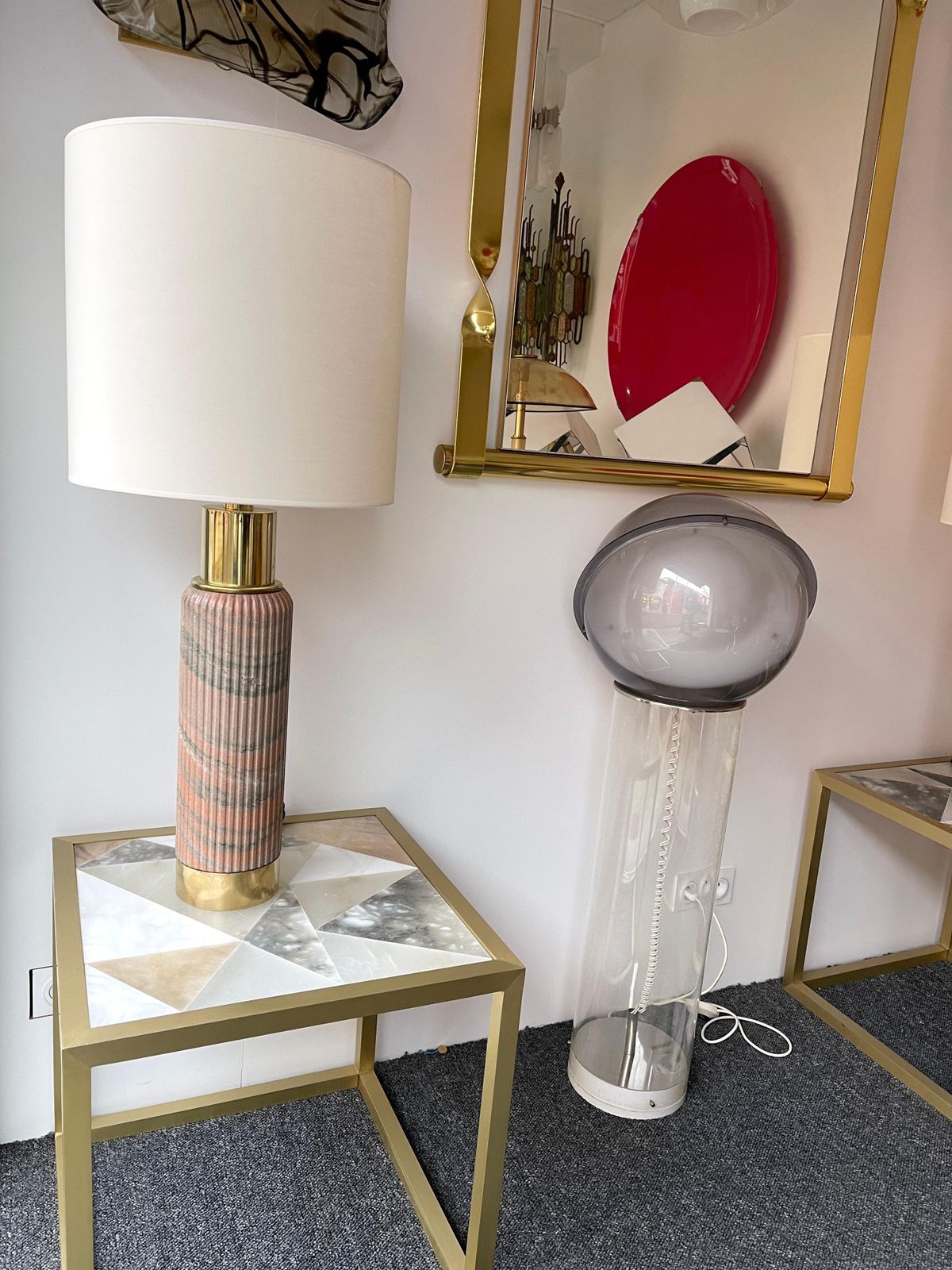 Contemporary Pair Of Brass Lamps Pink Granite Stone, Italy photo furniture