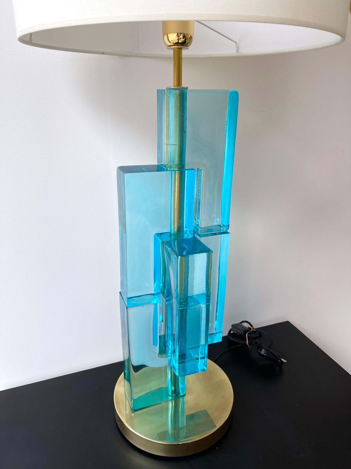 Contemporary Pair Of Lamps Blue Lagoon Cubic Murano Glass And Brass, Italy photo buy
