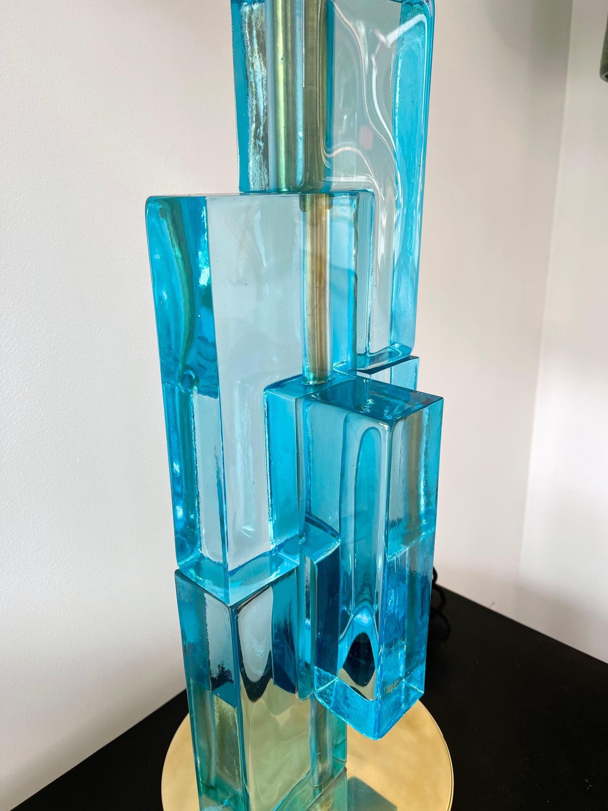 Contemporary Pair Of Lamps Blue Lagoon Cubic Murano Glass And Brass, Italy photo vintage