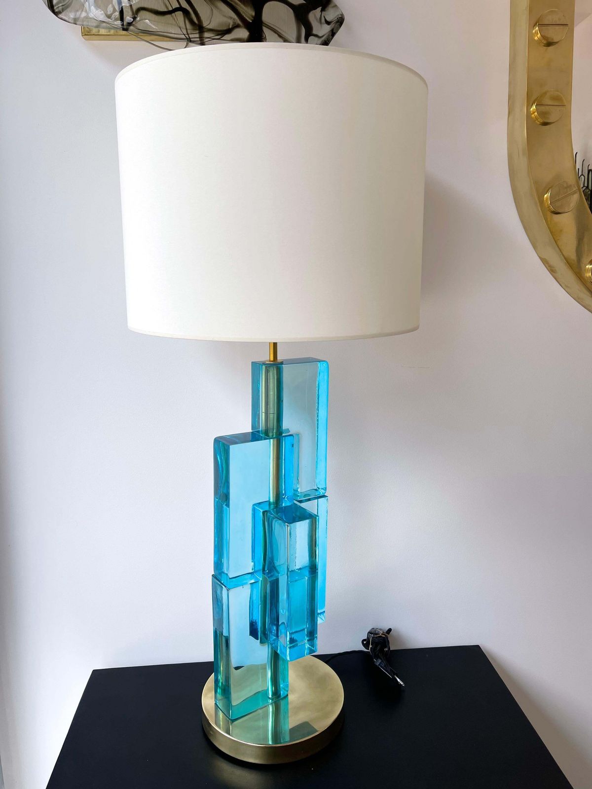 Lighting Contemporary Pair Of Lamps Blue Lagoon Cubic Murano Glass And Brass, Italy photo