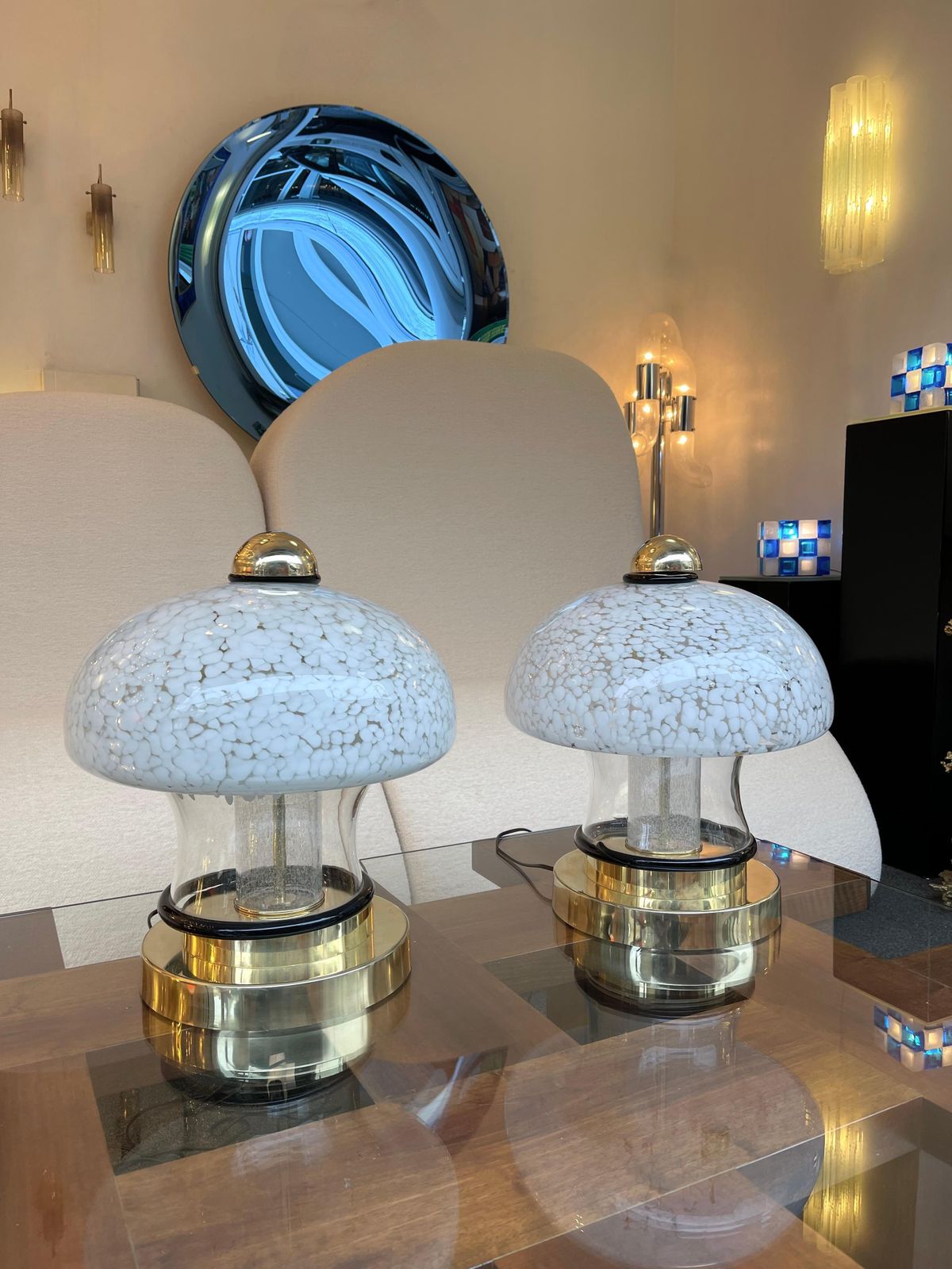 3506.0 Contemporary Pair Of Murano Glass And Brass Mushroom Lamps. Italy photo