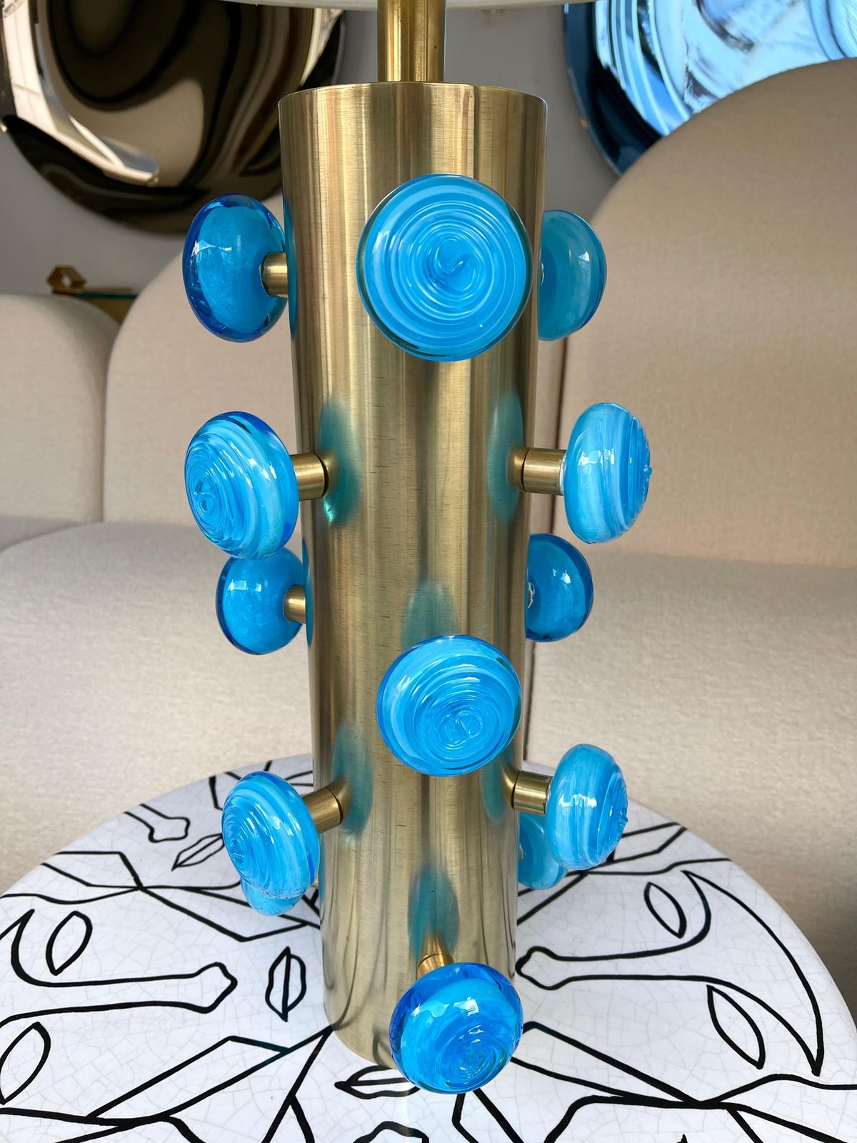 Contemporary Pair Of Brass And Blue Murano Glass Spiral Lamps, Italy photo furniture