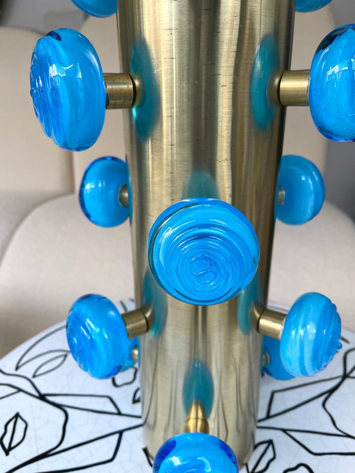 Contemporary Pair Of Brass And Blue Murano Glass Spiral Lamps, Italy photo vinterior