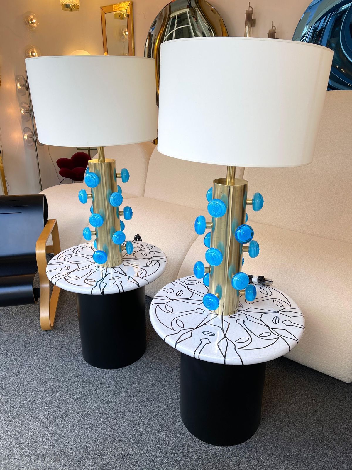 Contemporary Pair Of Brass And Blue Murano Glass Spiral Lamps, Italy photo vintage