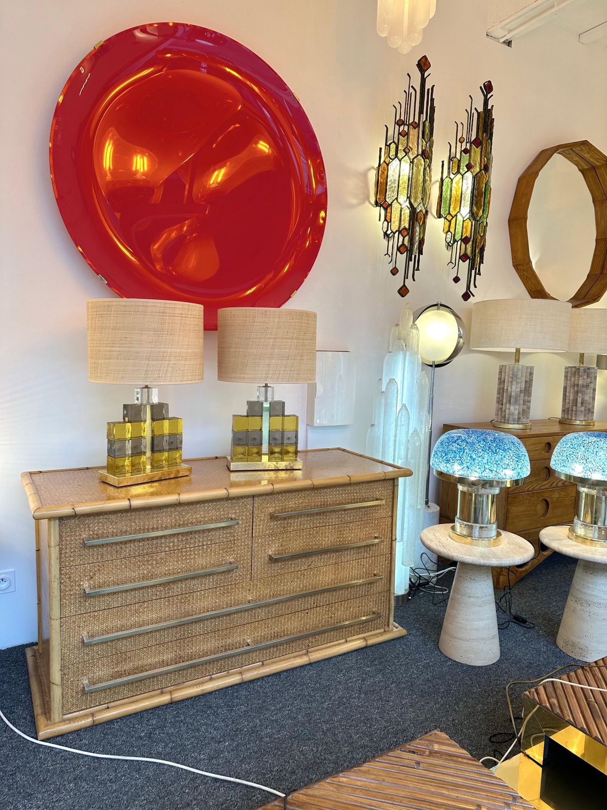 Contemporary Pair Of Brass Lamps Cube Murano Glass Construction, Italy photo Lighting