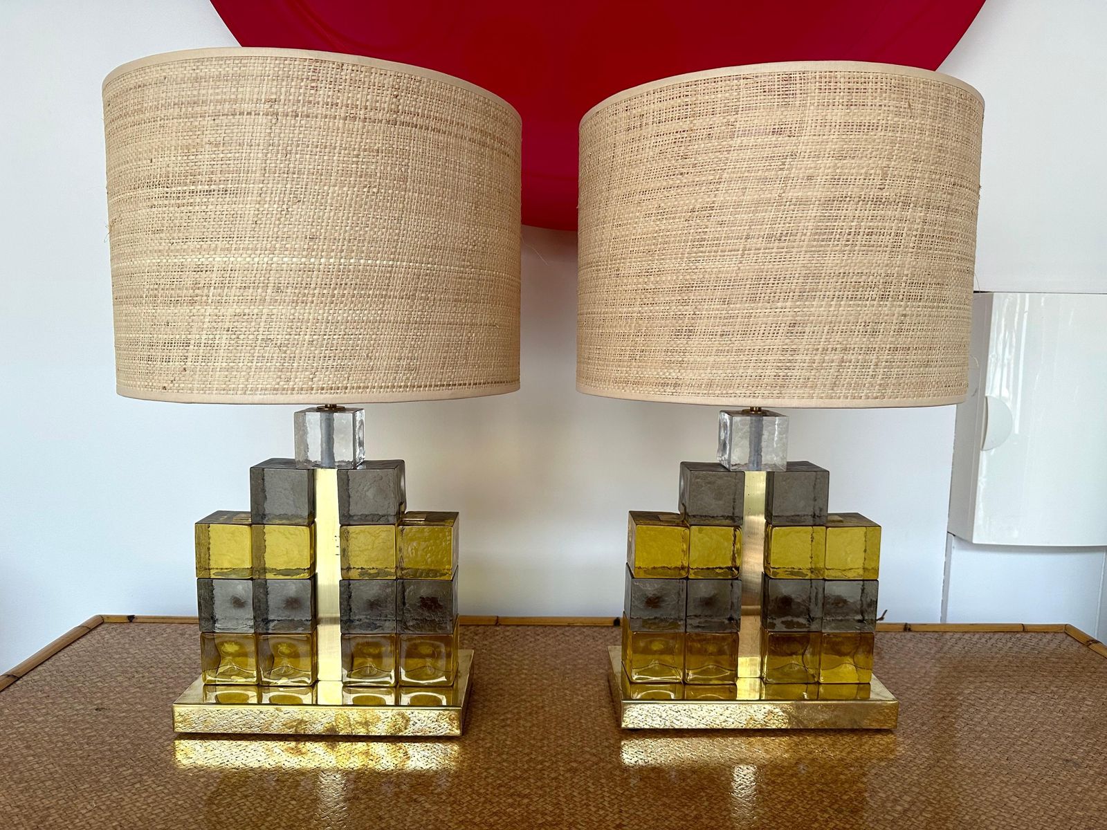 Lighting Contemporary Pair Of Brass Lamps Cube Murano Glass Construction, Italy photo