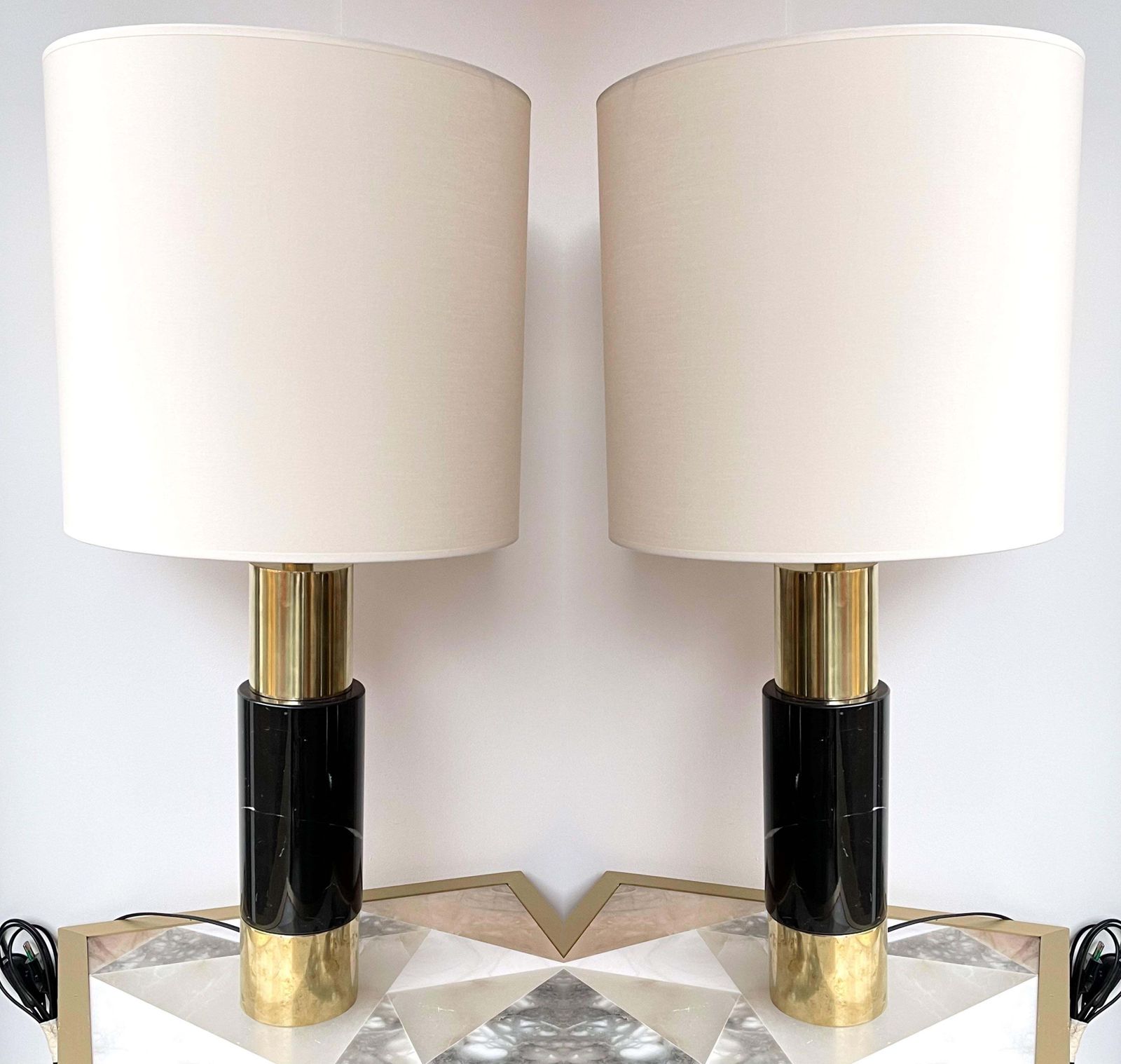 photo buy Contemporary Pair Of Brass Lamps Black Marble, Italy