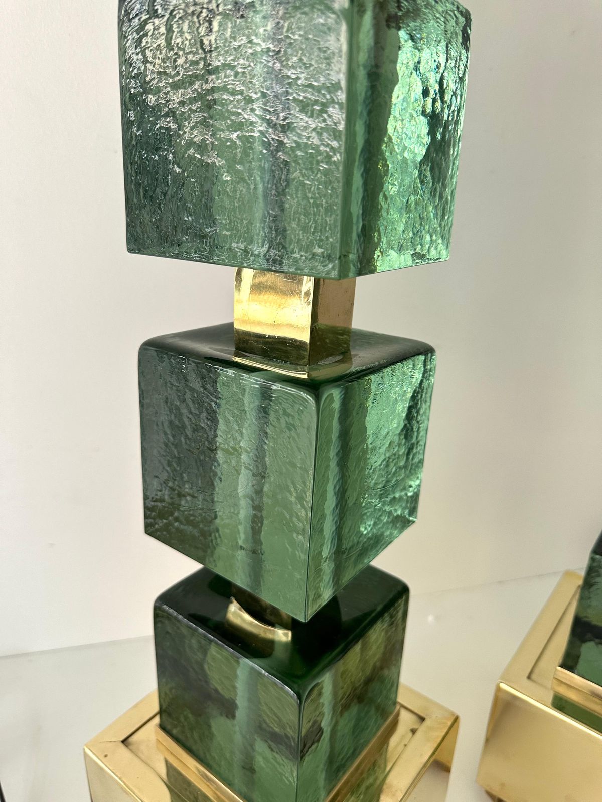 Contemporary Pair Of Brass And Green Murano Glass Cube Lamps, Italy photo vintage