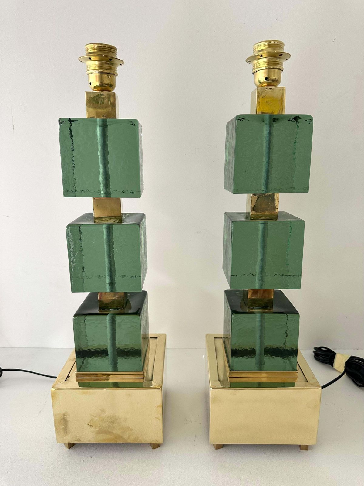 Lighting Contemporary Pair Of Brass And Green Murano Glass Cube Lamps, Italy photo