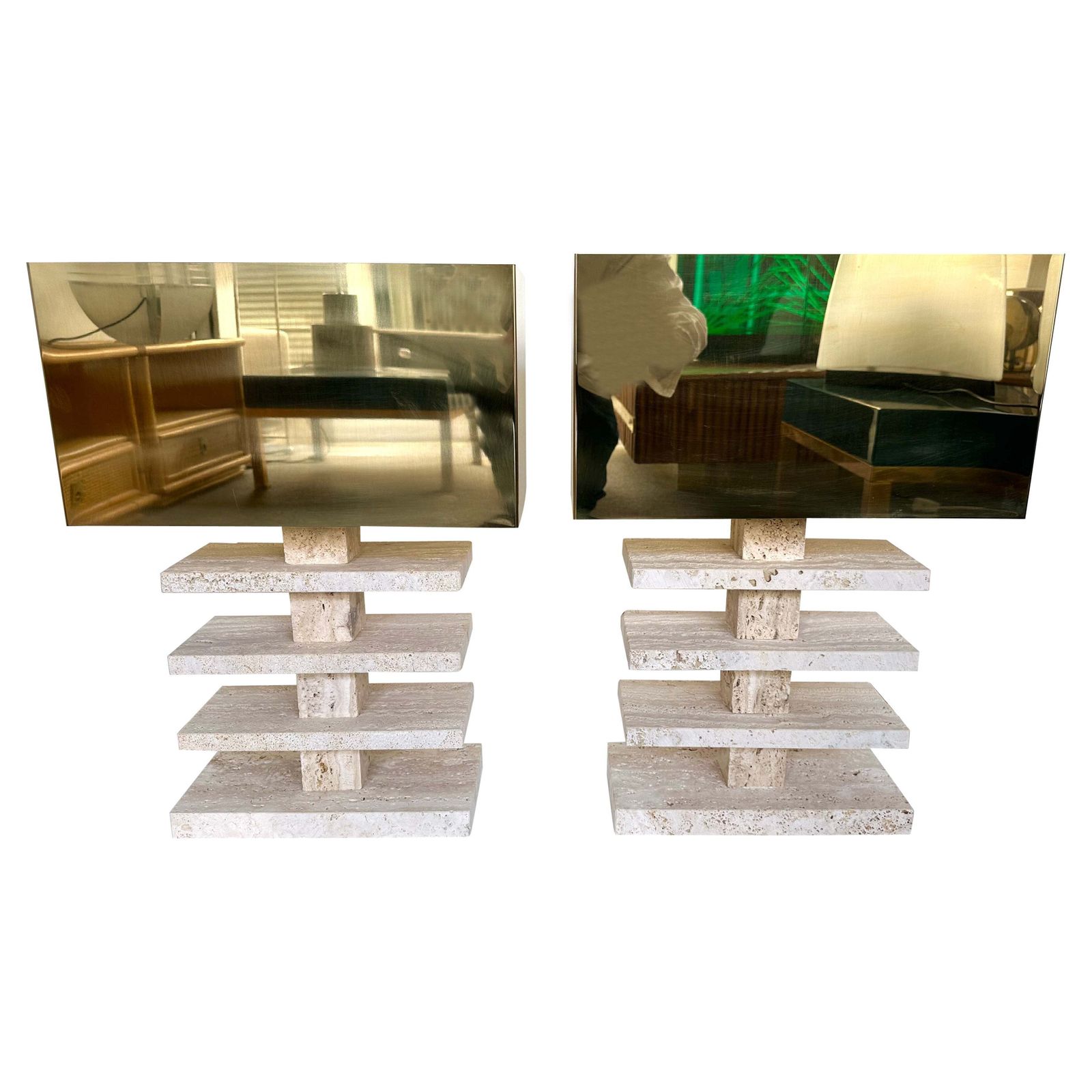 Contemporary Pair Of Travertine Blade Lamps And Brass Shades. Italy