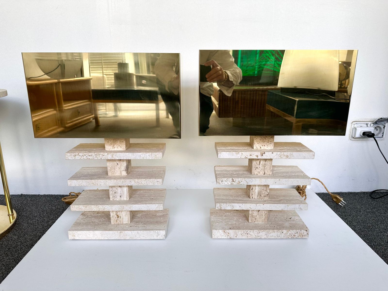 Contemporary Pair Of Travertine Blade Lamps And Brass Shades. Italy photo furniture