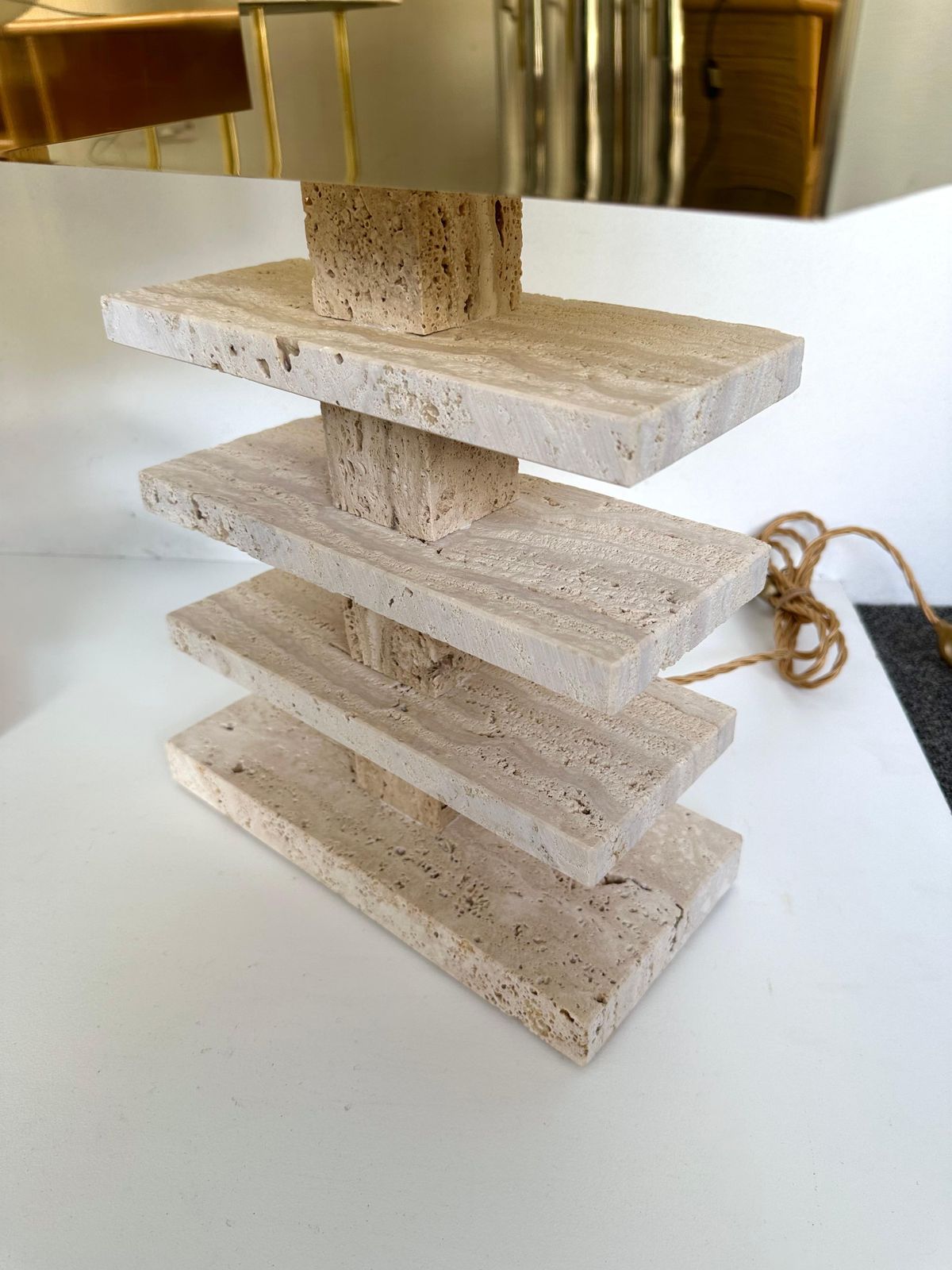 photo vinterior Contemporary Pair Of Travertine Blade Lamps And Brass Shades. Italy
