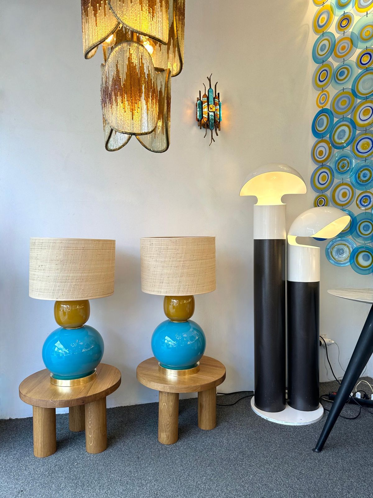 Contemporary Pair Of Brass And Colored Bulb Murano Glass Lamps, Italy photo Lighting