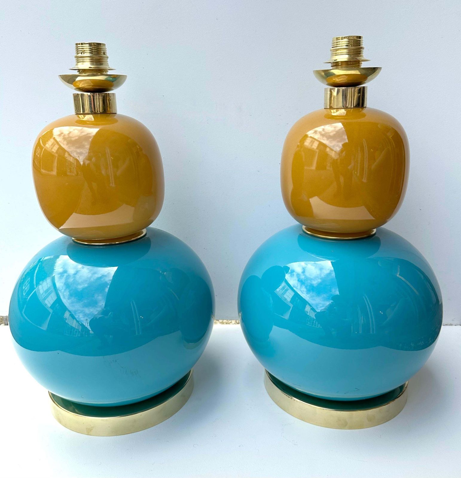 Contemporary Pair Of Brass And Colored Bulb Murano Glass Lamps, Italy photo vinterior