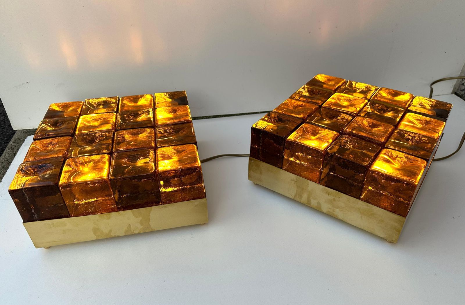 Contemporary Pair Of Brass And Murano Glass Cube Marquetry Lamps, Italy photo Lighting
