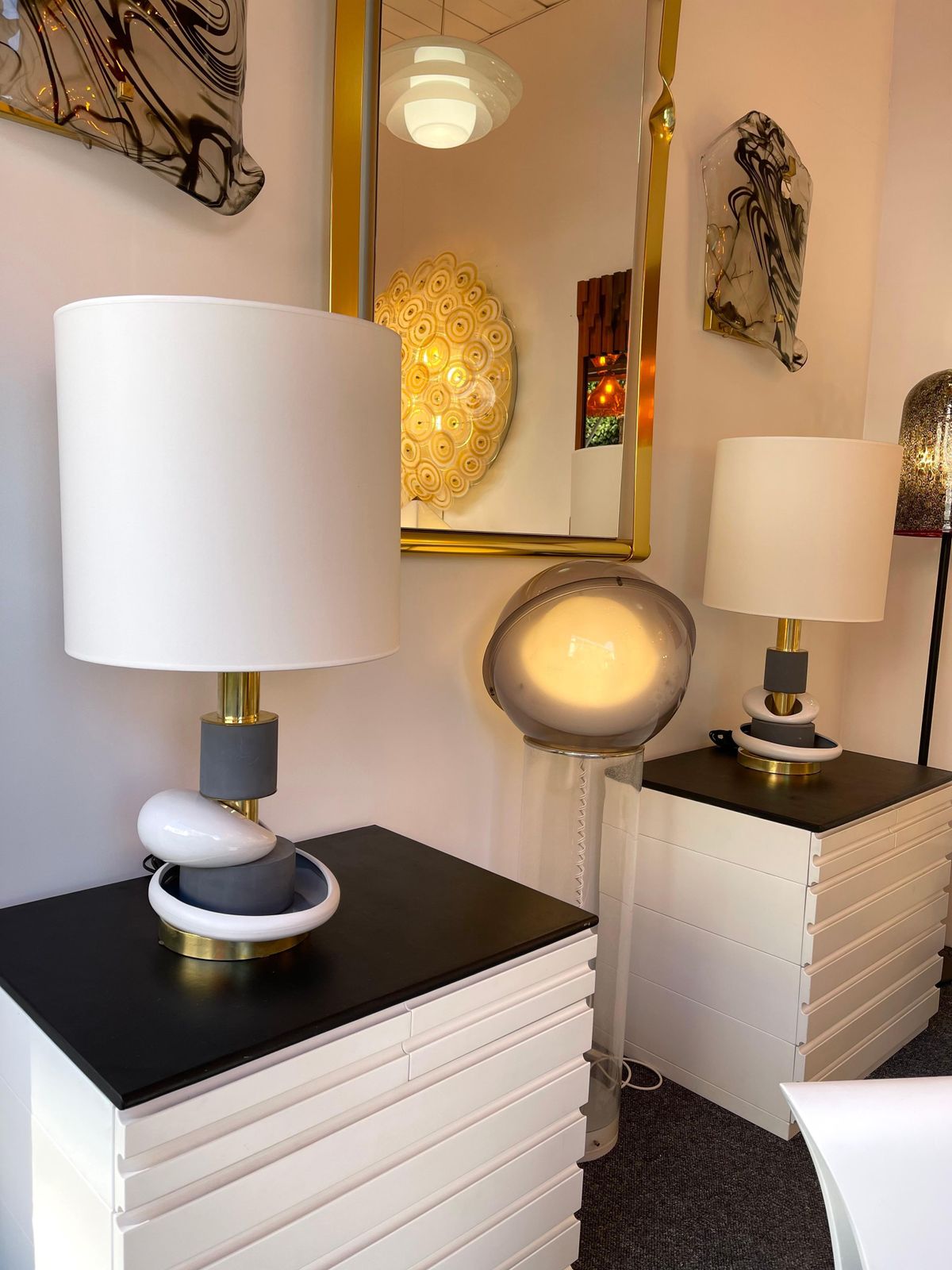 Contemporary Pair Of Sculptural Brass Ceramic Stone Lamps, Italy photo Lighting