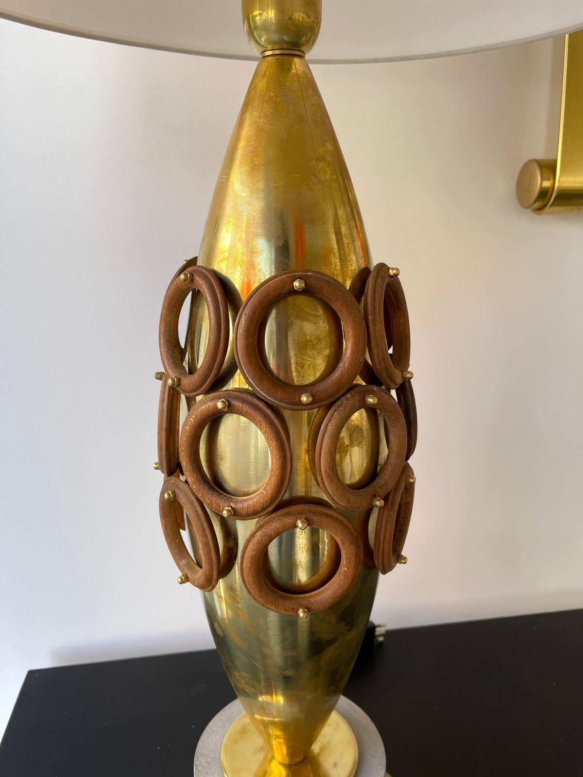 Contemporary Pair Of Brass And Wood Rings Lamps, Italy photo furniture